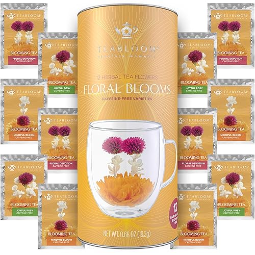 Teabloom Caffeine-Free Petite Blooming Teas - Gift Canister of 12 Assorted Flowering Teas - Ideal with Teabloom Borosilicate Glass Cups or Smaller Teapots - Floral