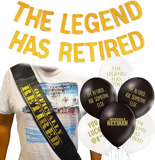 Retirement Party Bundle - Includes The Legend Has Retired Banner, Retirement Sash & 8 Pack Of Funny Retirement Balloons