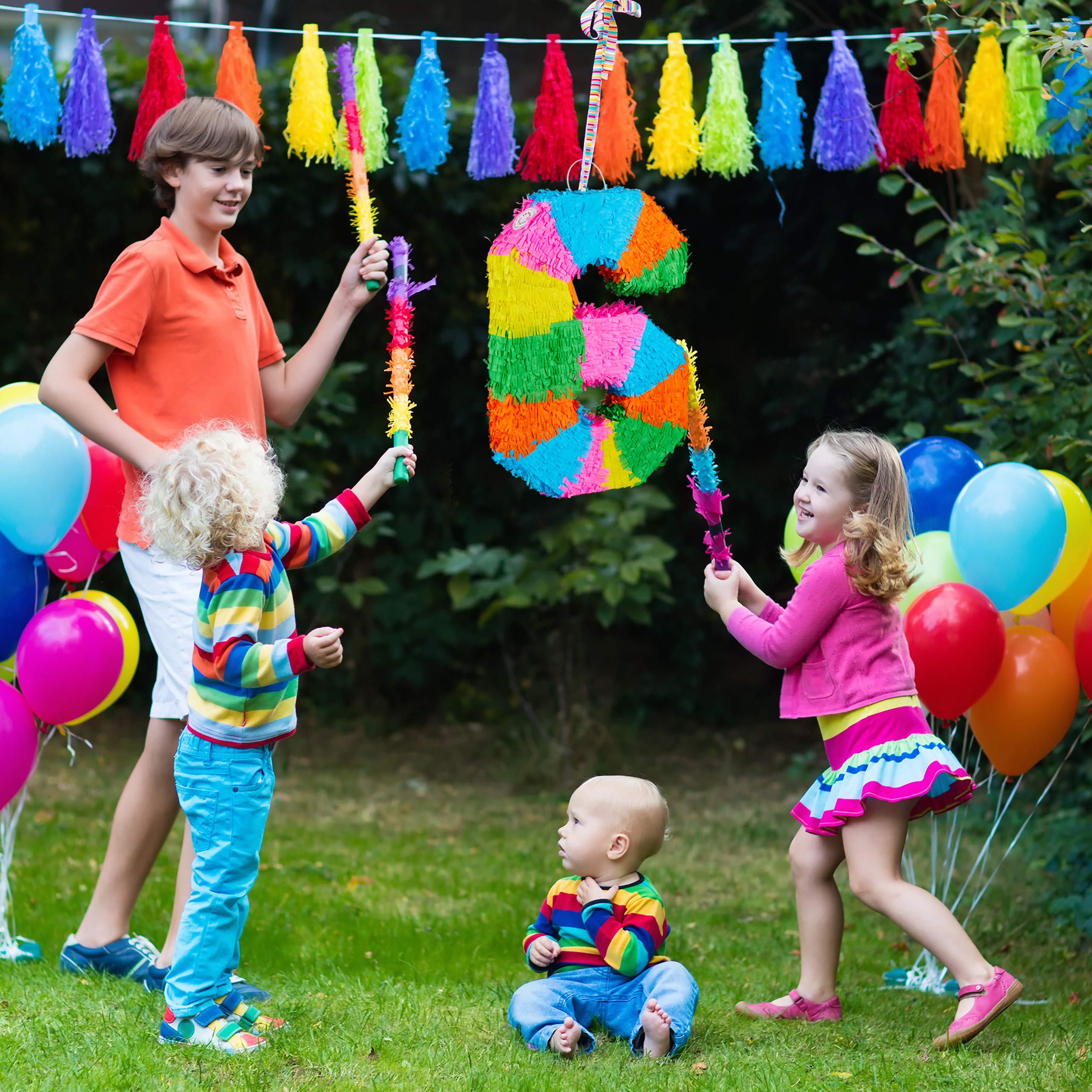 Relaxdays 3-częściowy zestaw Pinata na urodziny, cyfra 2, pręt do pinaty z maską na oczy, dzieci i dorosłych, piñata do samodzielnego napełniania, kolorowa