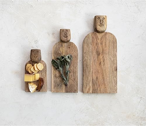 Miniatura 3 de Creative Co-Op Cortador de mango tallado a mano grande con mango y acabado peinado, queso natural y tabla de cortar