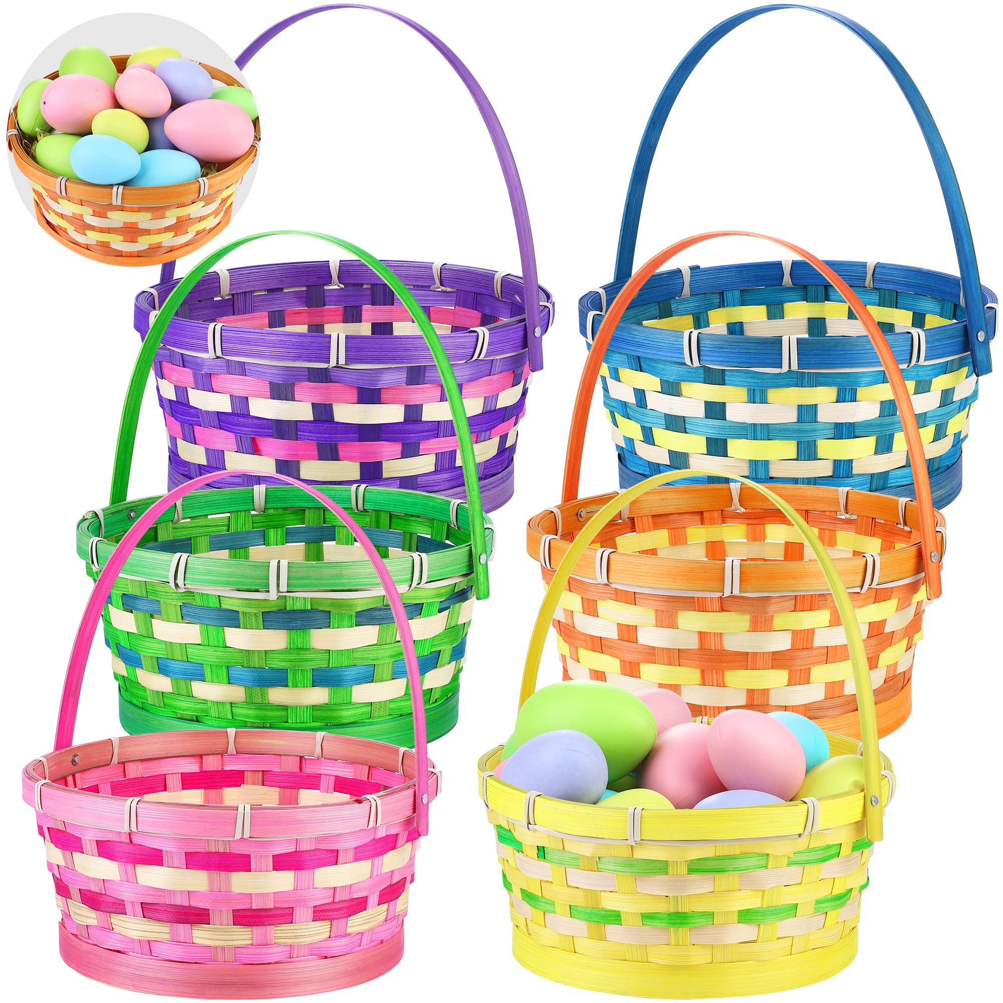 Photo 1 of Fovths 6 Pieces Easter Woven Bamboo Basket Round Basket with Handle Easter Eggs Wiker Basket for Party Supplies, Picnic, Home Decor