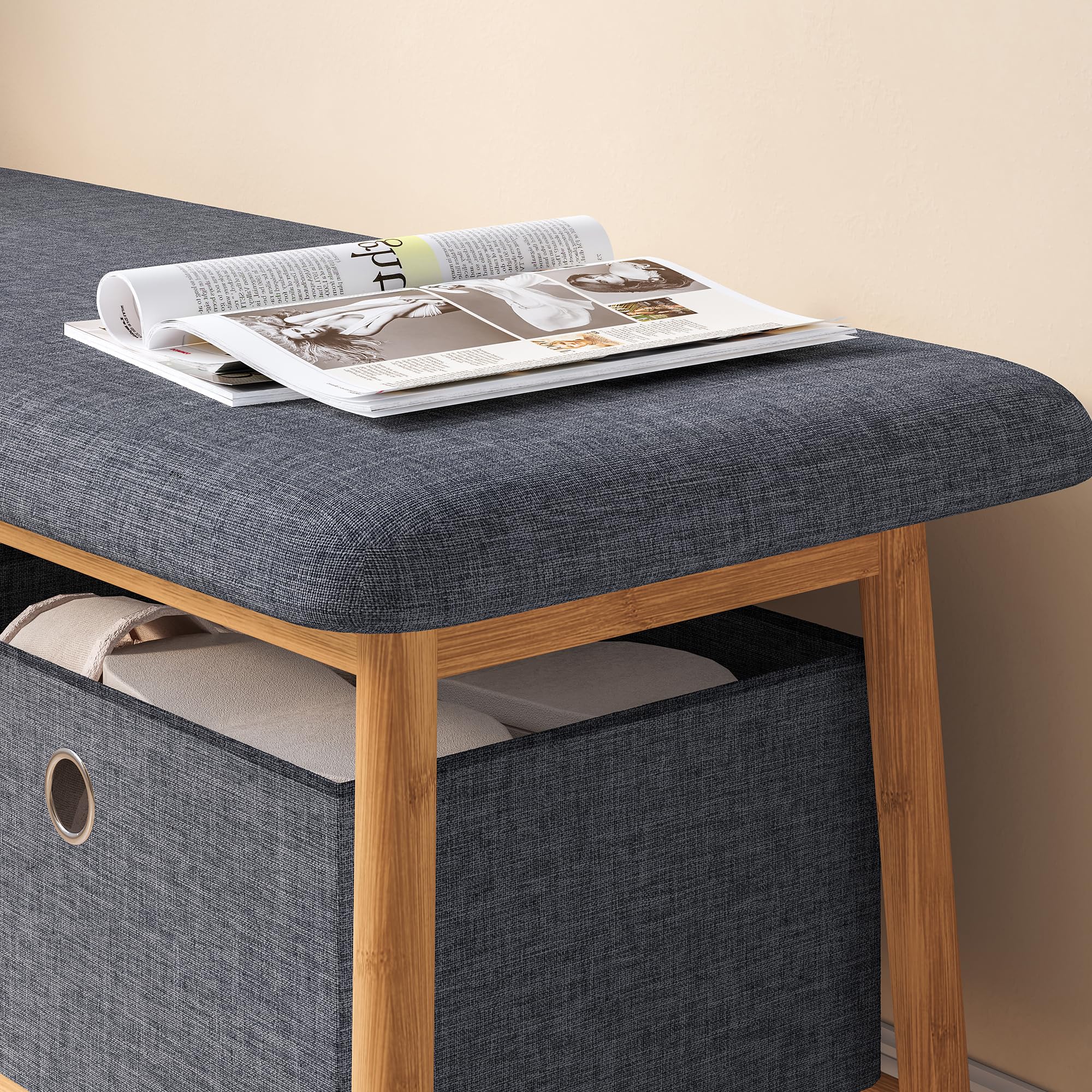[en.casa] Panca da Scarpe con 2 Contenitori Scarpiera con Seduta Imbottita e 2 Scatole Porta Oggetti Scarpe Borse per Ingresso Corridoio 90 x 30 x 45 cm - Bambù Naturale/Grigio