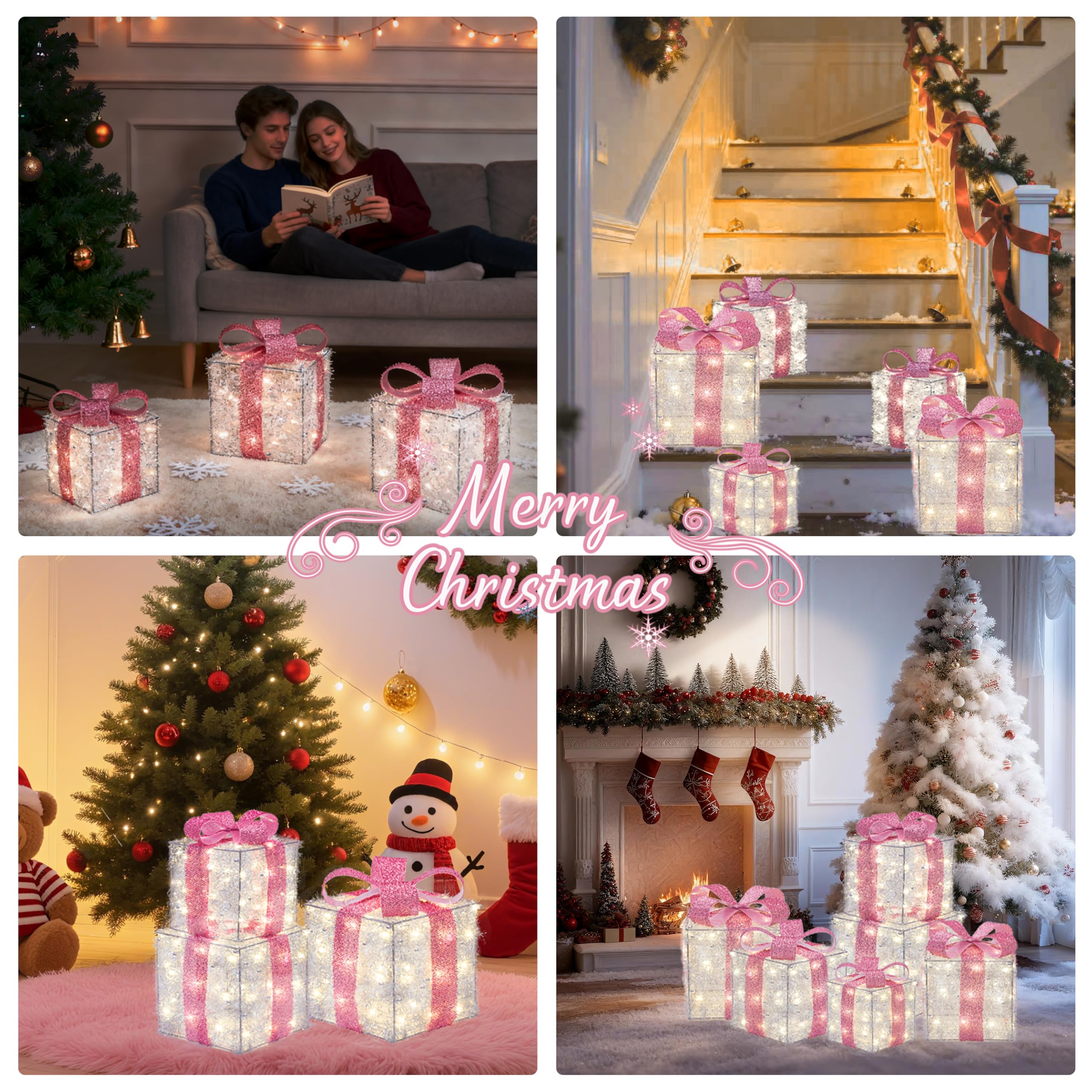 Christmas Decorations, 140 LEDs Set of 3 Lighted Gift Boxes with Silver Tinsel and  Bows, Warm White Present Boxes for Indoor Outdoor Holiday Party Yard Bedroom Home Xmas Decor