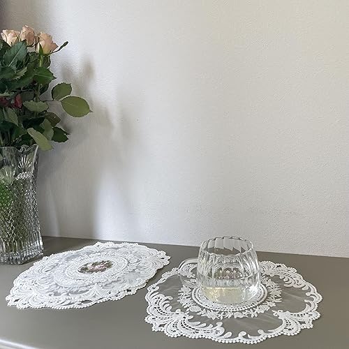 Miniatura 6 de 4 manteles individuales de encaje retro, manteles bordados, manteles de mesa, manteles de ganchillo francés, blanco (bonquet en círculo)