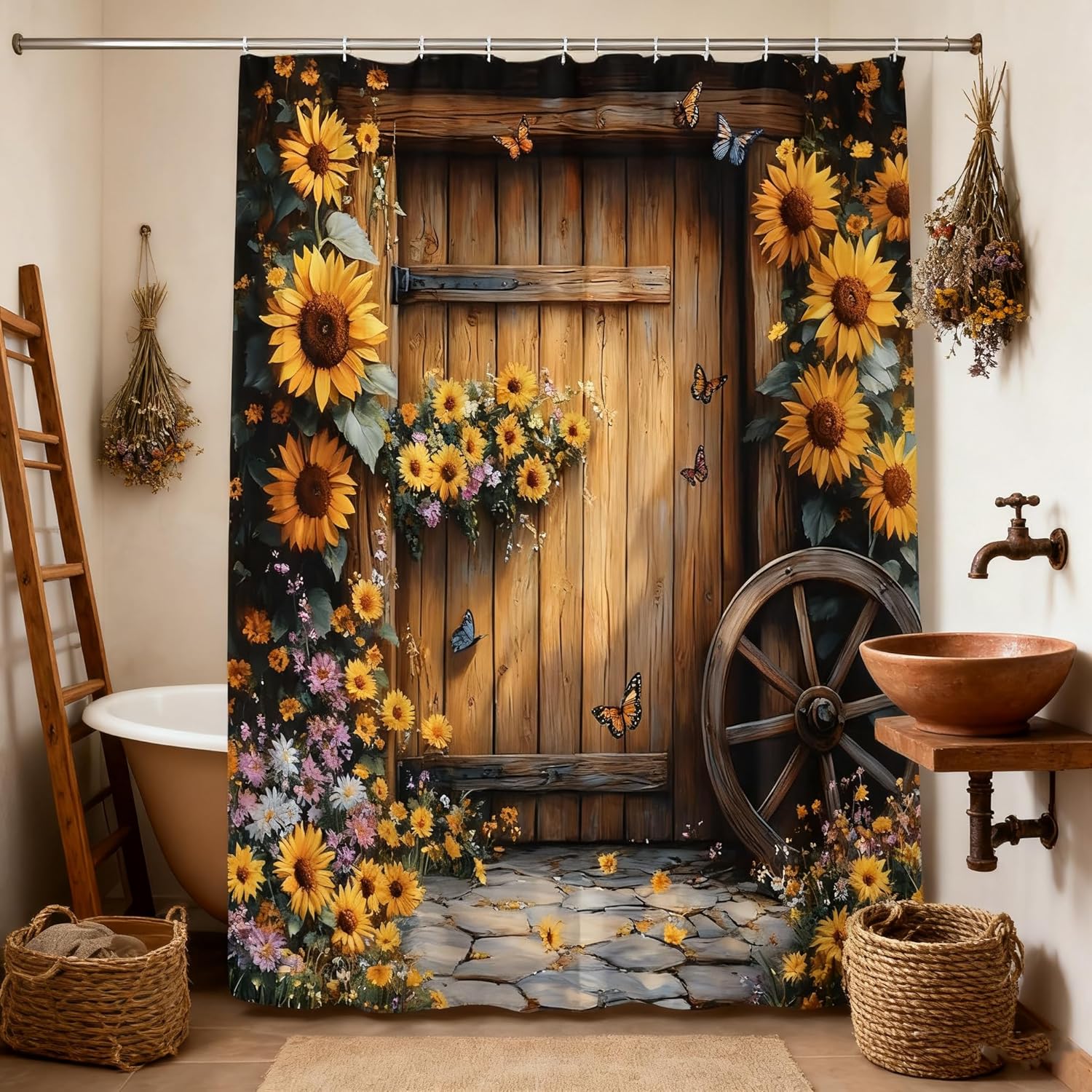 Rustic Sunflower Shower Curtain Western Farmhouse Floral Brown Wooden Board Vintage Barn Door Yellow Flower Butterfly Green Leaf Vine Country Bathroom Decor Curtains 82x70 inch with Hook