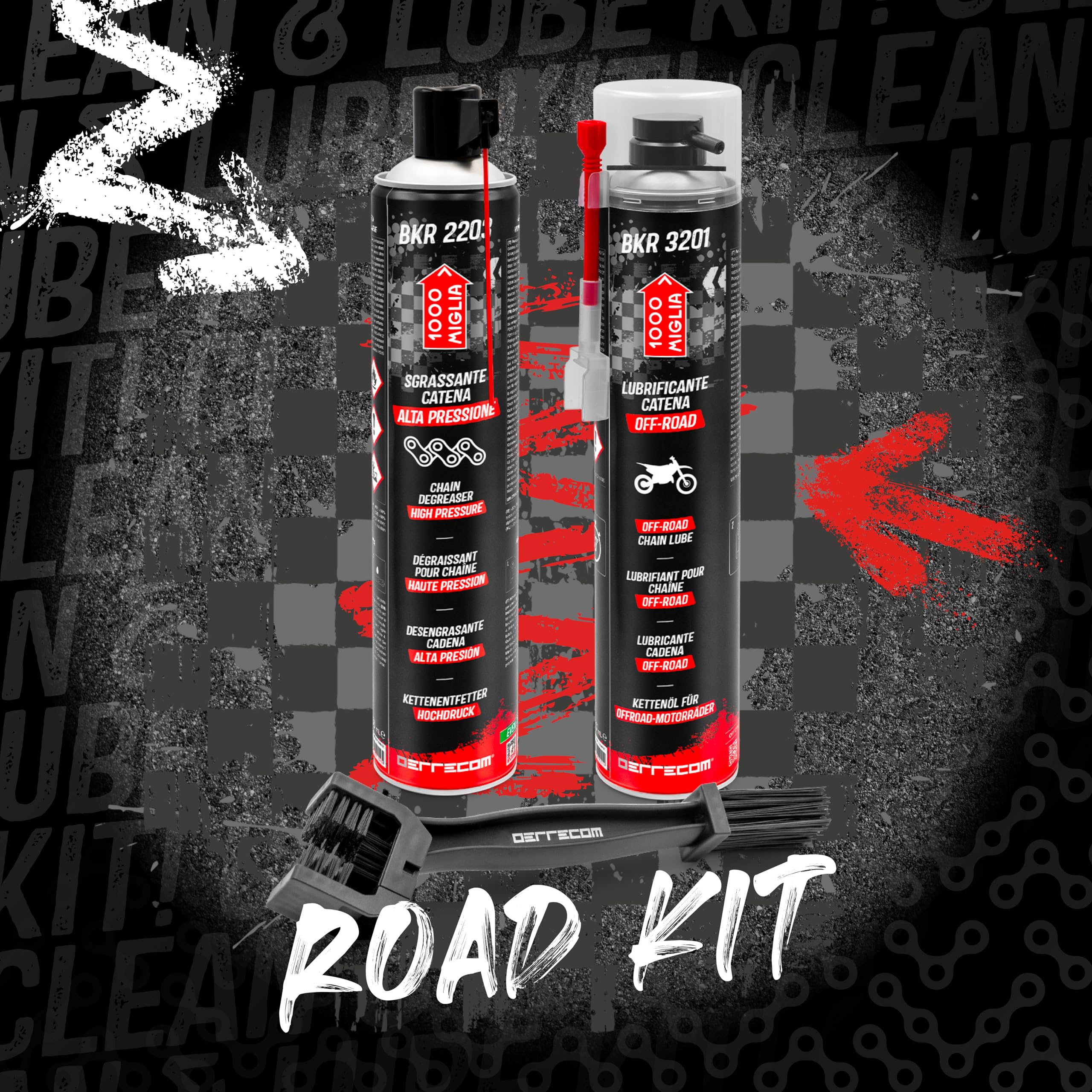 Image secondaire de ERRECOM 1000 Miglia Clean&Lube Kit Chaîne Moto Road ; Comprend Dégraissant Chaîne Cylindre Haute Pression 750mL + Lubrifiant Cha