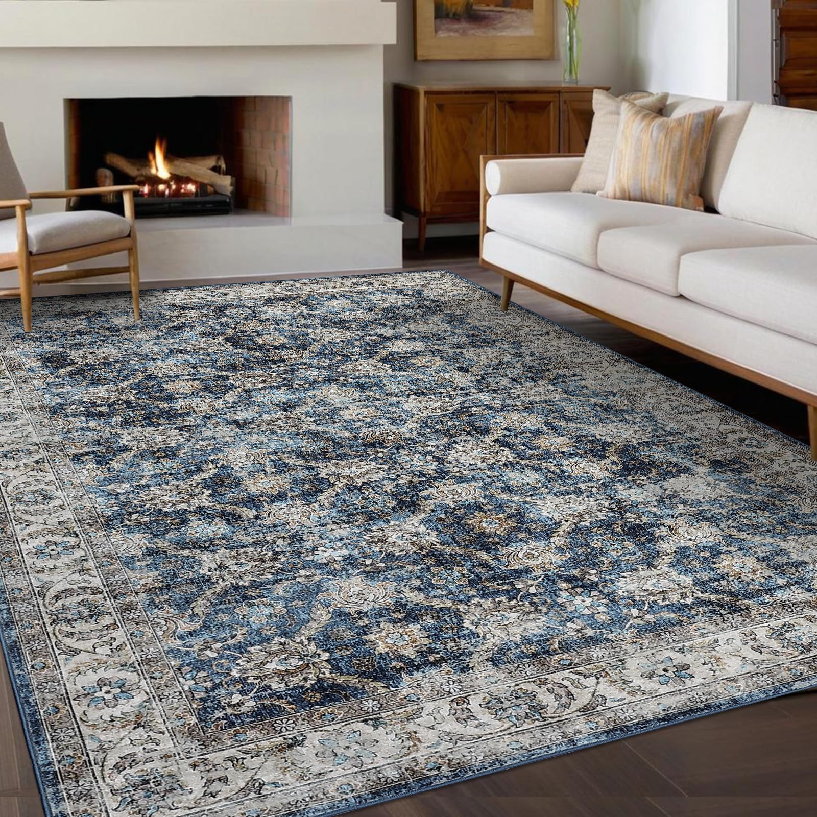 Tapis Salon Vintage Persan Lavable, Polyester Doux Ras (350 g/M²), Antidérapant TPR, Pliable, Chambre/Couloir/Cuisine