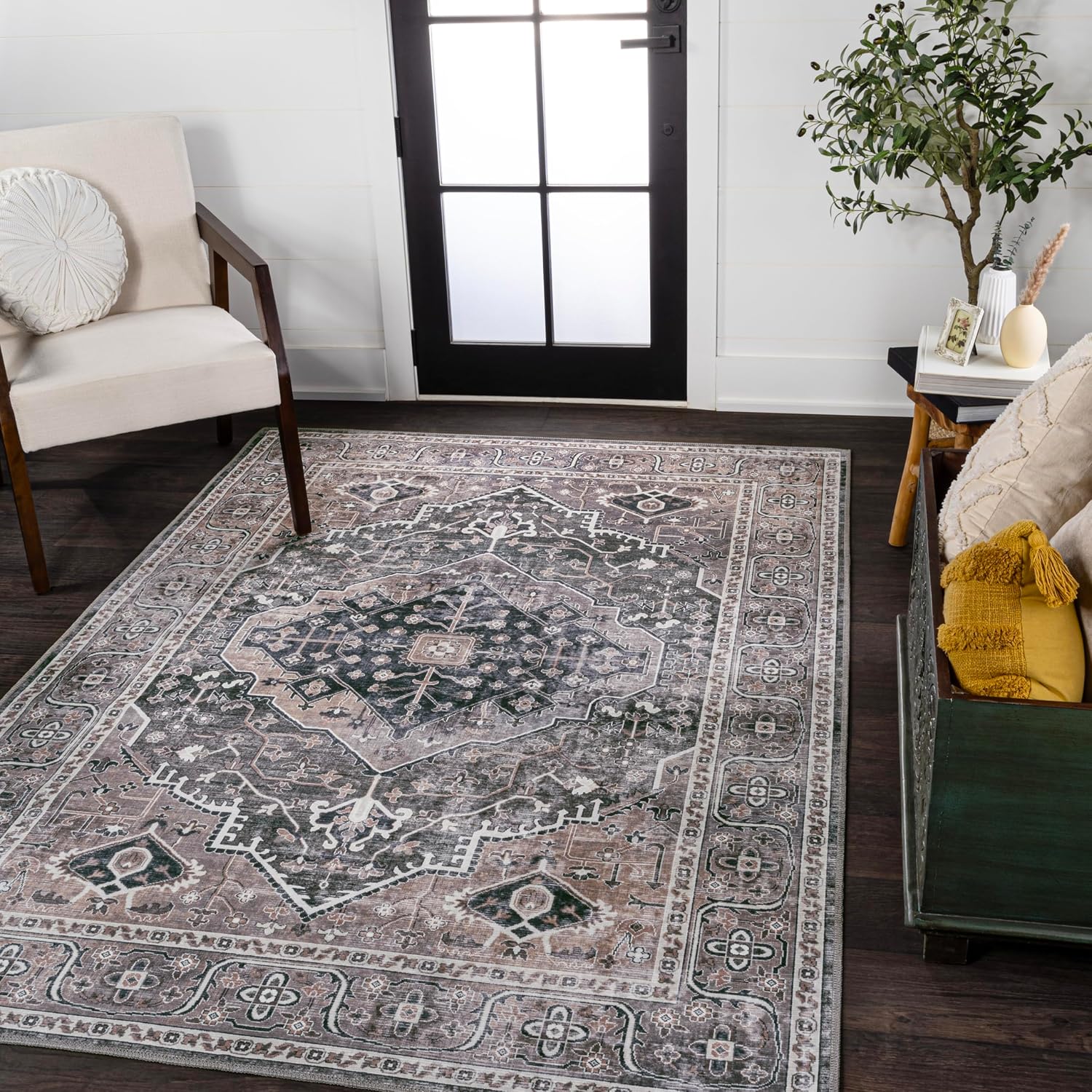 JONATHAN Y Machine Washable Indoor Area Rug 3X5 Dark Green/Dark Beige, Alacati Ogee Medallion for Living Room, Bedroom, Kitchen, Office, Easy-Cleaning, Pet-Friendly, Non-Shedding WSH103B-3