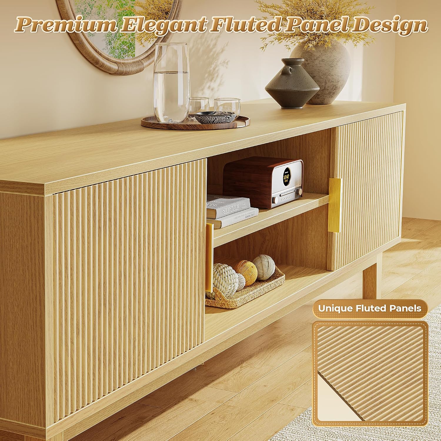 TV stand with doors open, showing internal storage and adjustable shelf