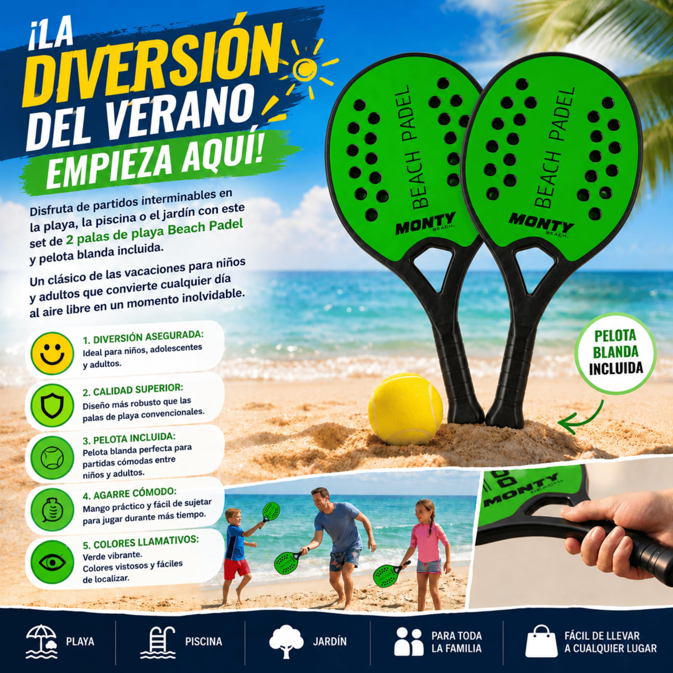 MUNTRADE Set de 2 Palas Beach Padel con Pelota Blanda Incluida | Raquetas Verdes de Playa Resistentes al Agua | Palas Beach Tennis para Niños y Adultos | Juego Exterior para Playa, Piscina y Jardín