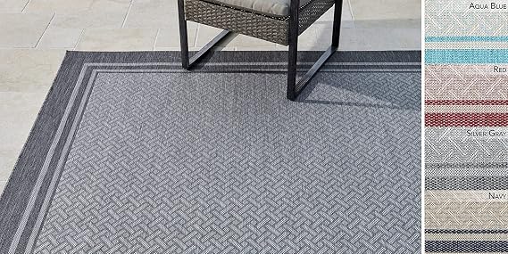 Gertmenian Indoor Outdoor Classic Flatweave Area Rug, Stain & UV Resistant Carpet, Deck, Patio, Poolside & Mudroom, 8x10 Ft Large, Simple Border, Steel Gray Silver, 21971