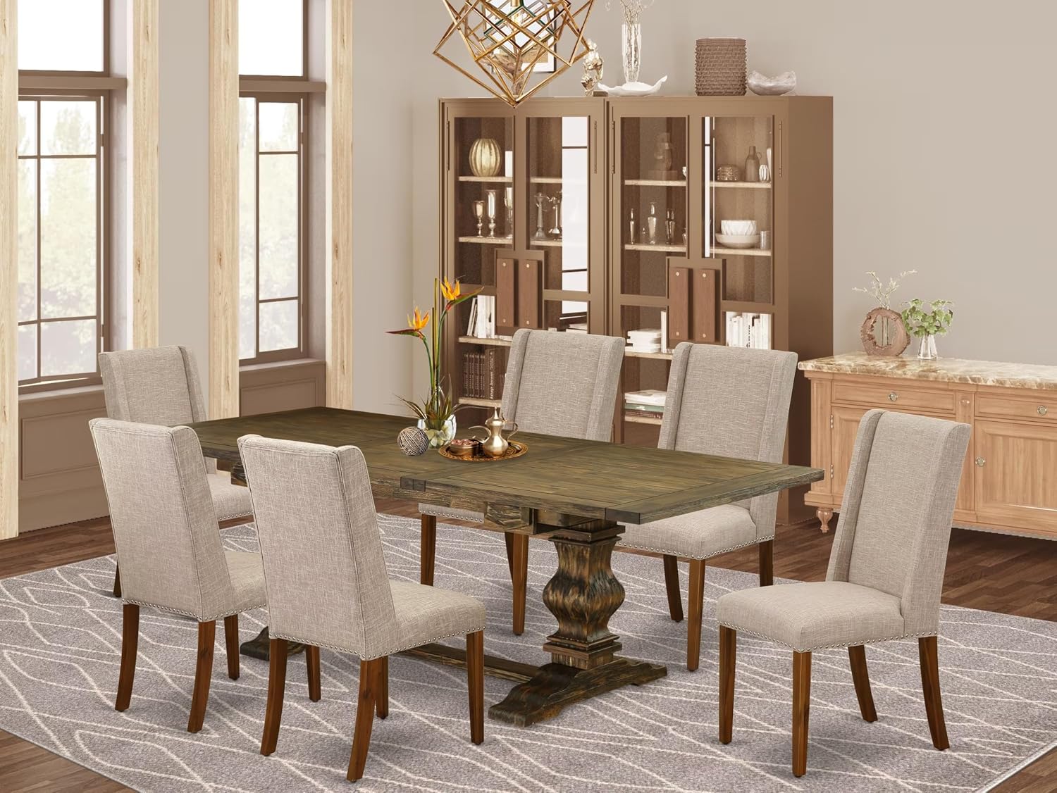 East West Furniture ALAFL7-78-04 7 Piece Dining Room Table Set Consist of a Rectangle Removable Leaf Kitchen Table and 6 Light Tan Linen Fabric Upholstered Chairs, 42x92 Inch, Jacobean