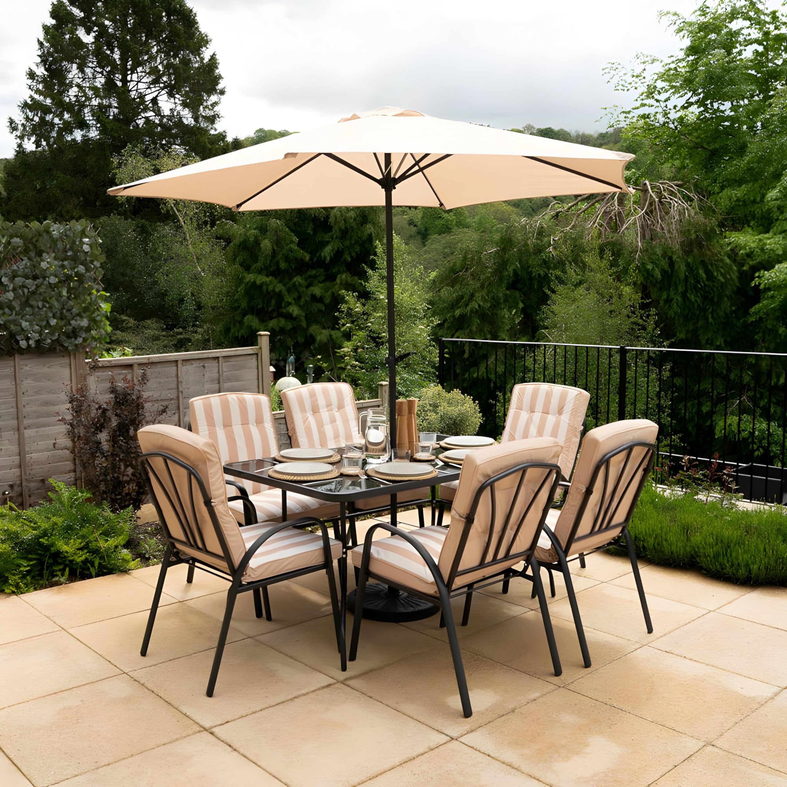 6 Seater Metal Garden Furniture Outdoor Dining Set with Table and Parasol in Beige Stripe