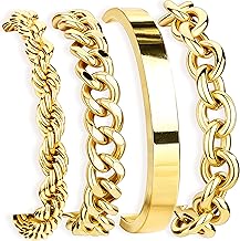Chunky Gold Bracelets Stack for Women Non Tarnish, 14K Gold Plated Bangle Cuff Bracelets Set for Women Trendy Thick Layered Cuban Link Chain Paperclip Rope Stackable Bracelet for Jewelry Gifts