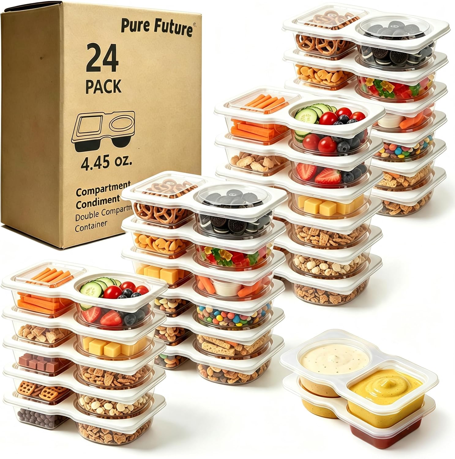 Pure Future 24-Pack Reusable Double Compartment Snack Containers with Lids – Leakproof, BPA-Free – Portable for Snacks, Dips, Lunch, Travel & Camping