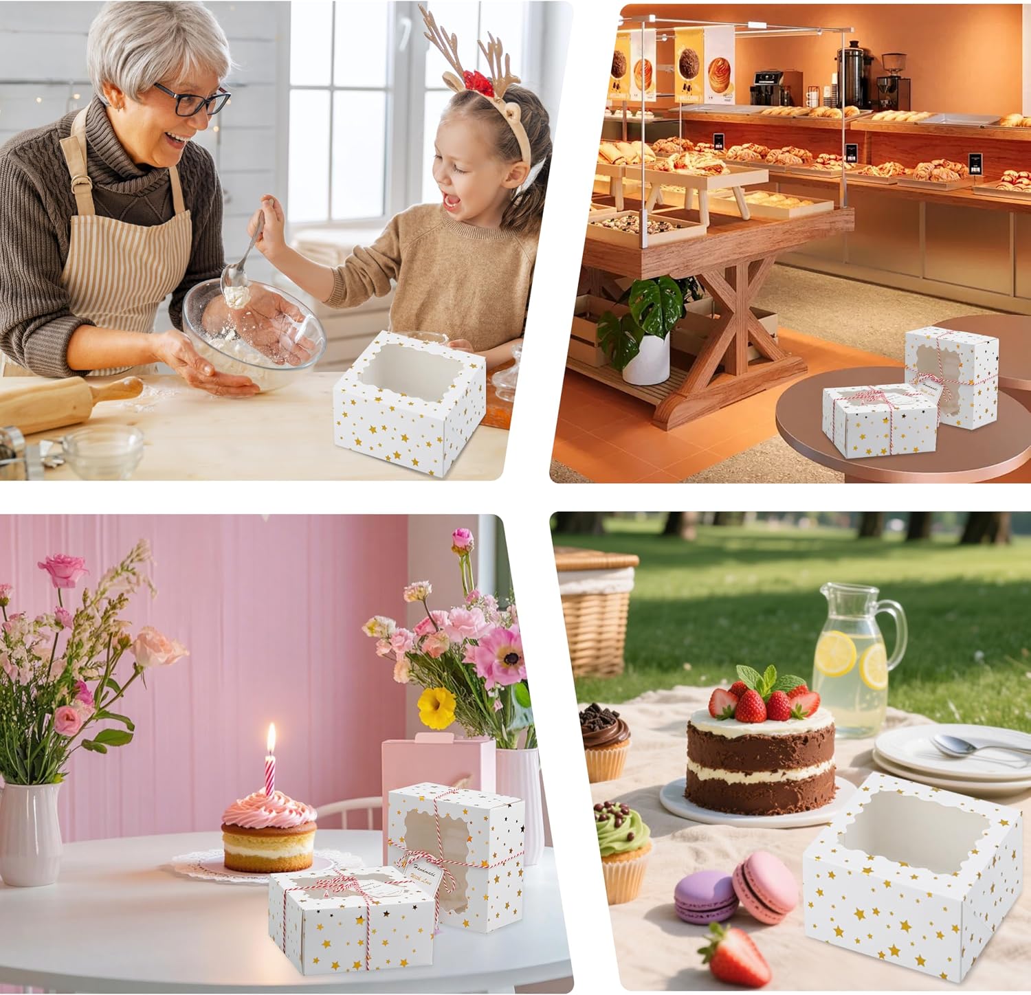 24 Pack 6X6X3 Christmas Cookie Boxes with Window,Gift Giving Gold Foil Star White Bakery Boxes for Mini Cake Pastry,Dessert Cupcakes,Candy Donut Packaging. image 5