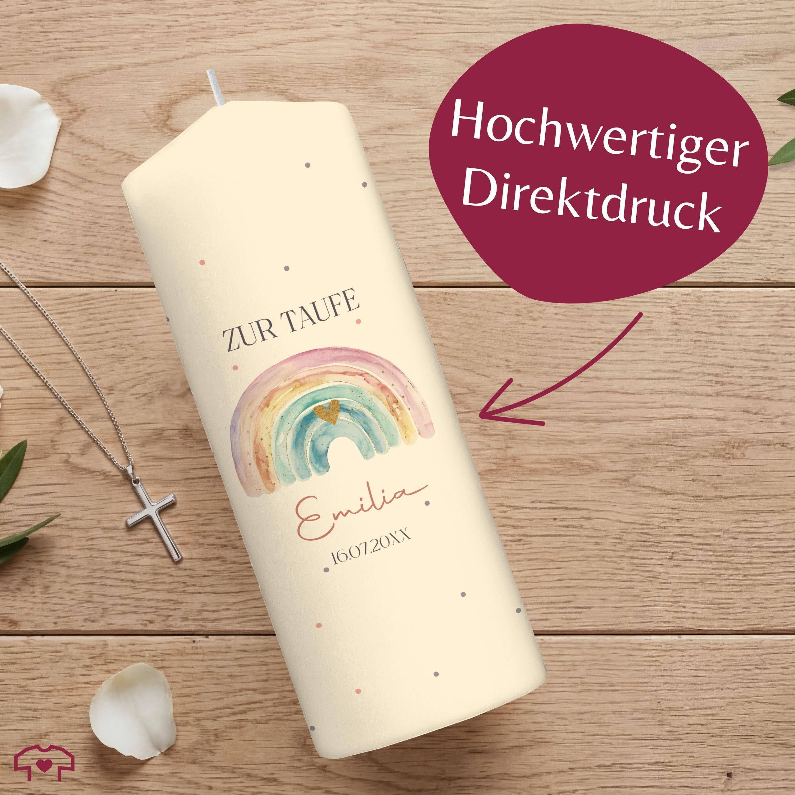 Taufkerze - Bunter Boho Regenbogen mit Herz - Zur Taufe mit Name, Datum und Wunschtext - 230/78 mm - Elfenbein