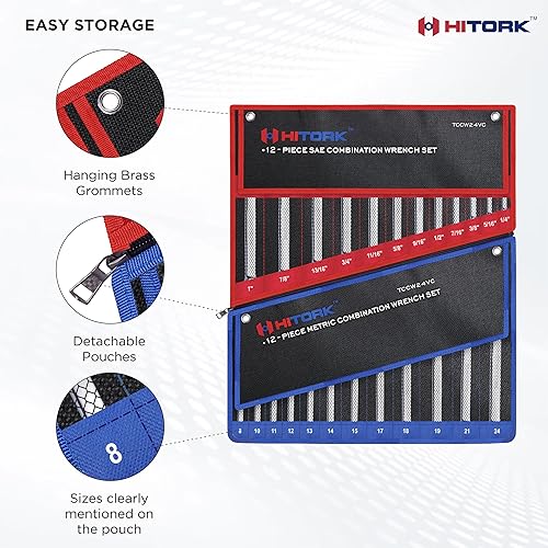 Miniatura 8 de Hitork Juego de llaves combinadas de 24 piezas, SAE (14"-1") y métricas (0.3150.945 in), acero Cr-V, acabado cromado espejo, extremo de caja de 12