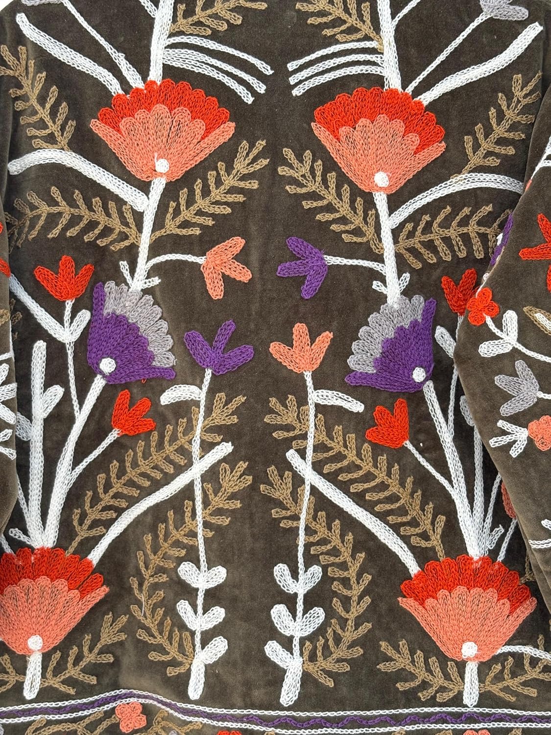 Embroidered Floral Jacket, Olive Green Velvet, Multicolor Flowers, Traditional Style, Long Sleeve