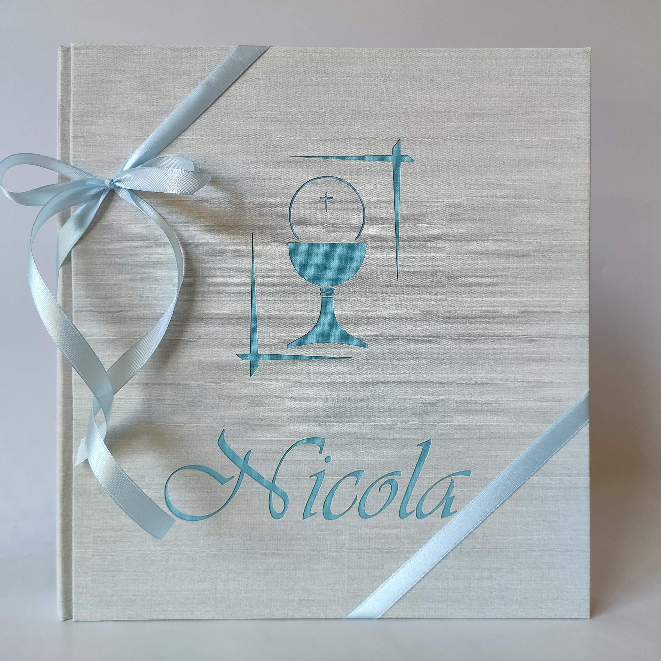 Album fotografico PRIMA COMUNIONE in TELA DI LINO CON NOME E CALICE INCISO PERSONALIZZABILE A TUA SCELTA regalo originale PRIMA COMUNIONE-CRESIMA bambino bambina