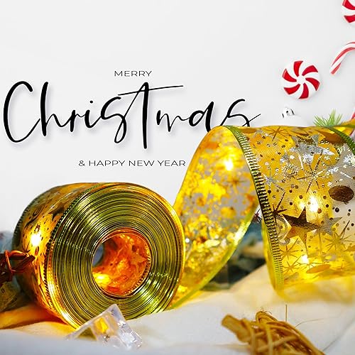 Miniatura 2 de Guirnalda de luces de Navidad de 33 pies, 100 luces LED, funciona con pilas y enchufe USB, cinta de lámina dorada de 2 pulgadas con luces blancas