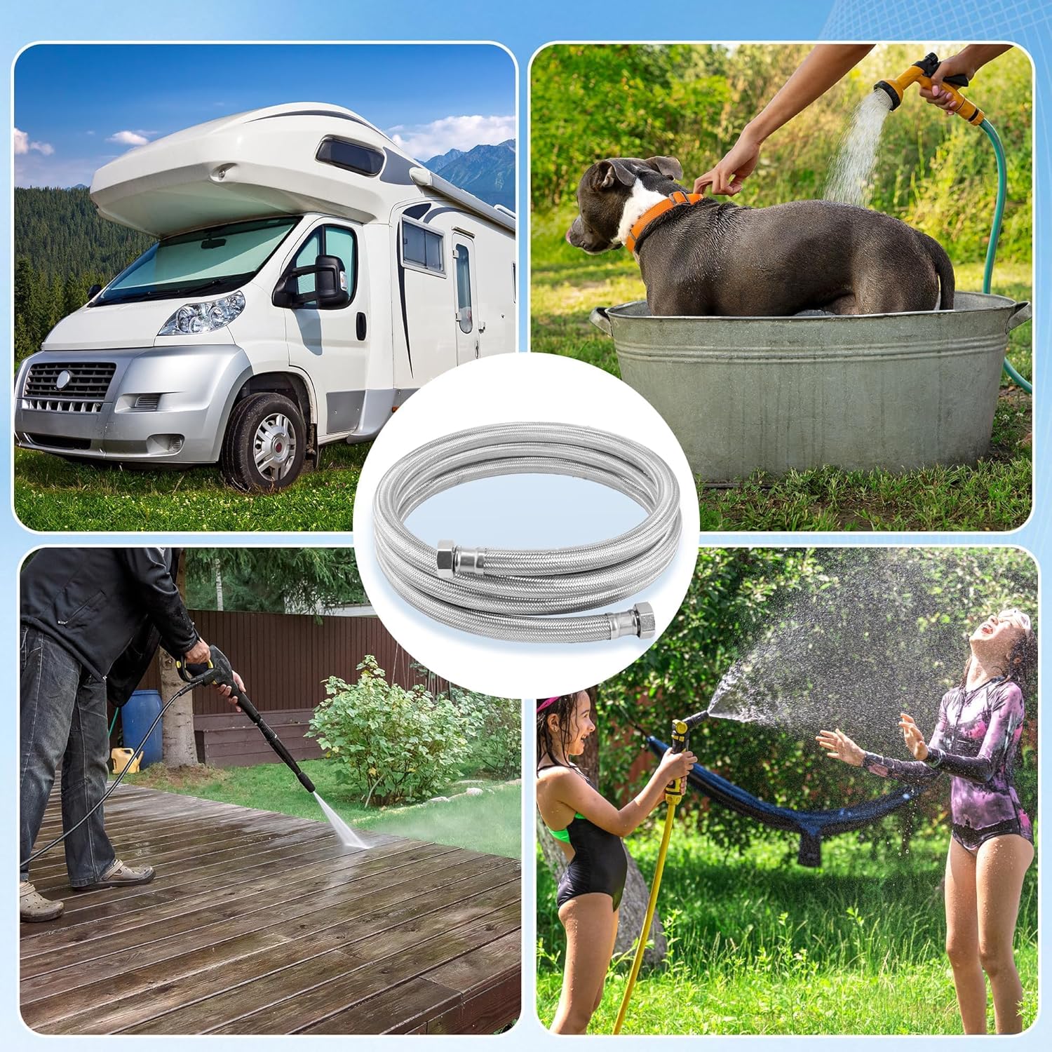 Short Garden Hose, 10ft x 5/8" ID Leader Hose with 3/4 GHT Female to Female Brass Connector, 304 Stainless Steel Heavy-Duty Water Hose for Garden Watering Car Pet Cleaning (OD 15/16")