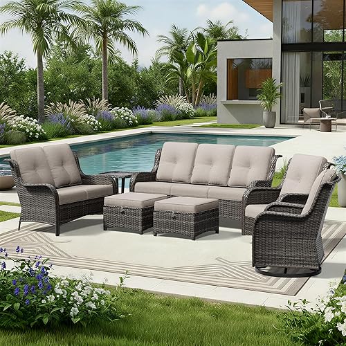 Miniatura 134 de Joyside Silla mecedora giratoria para exteriores para patio, mecedora de mimbre para exteriores con cojines de tela de olefina adecuada para porche