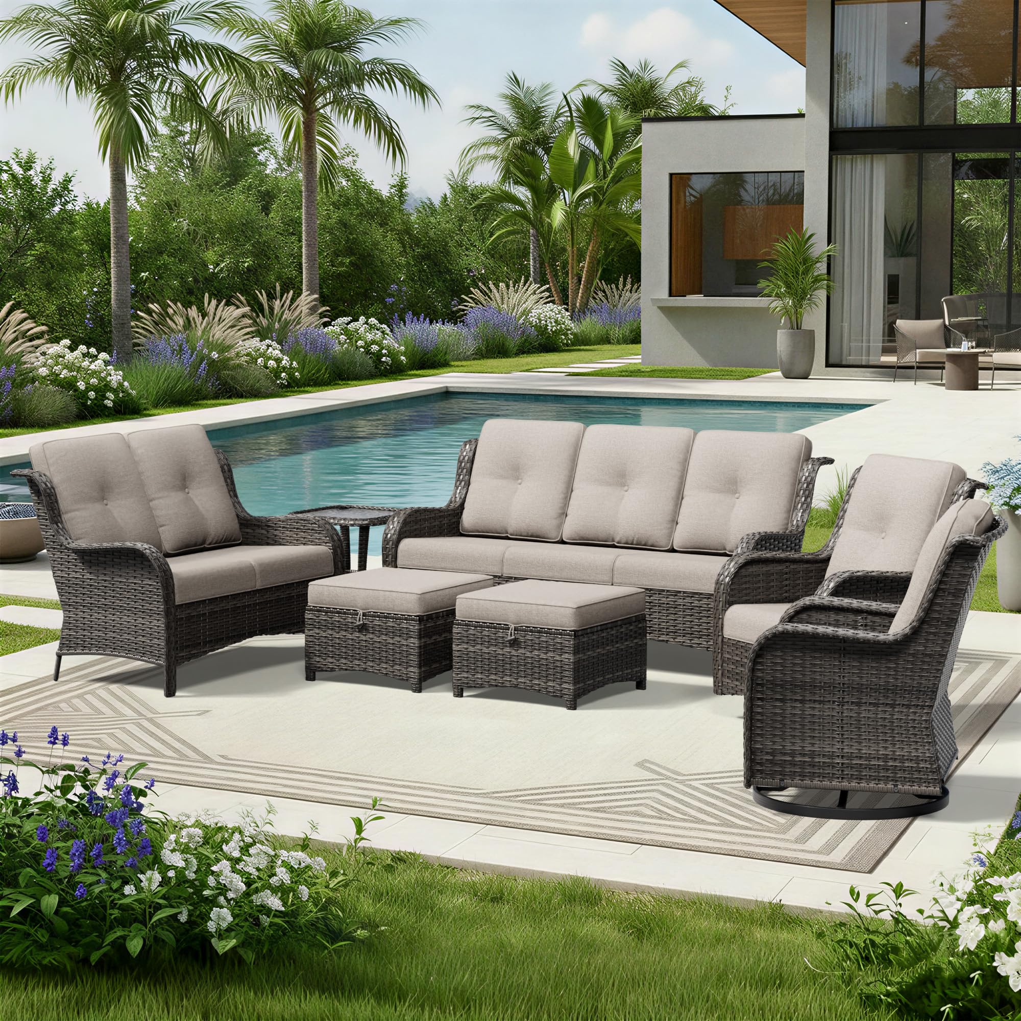 Joyside 7 Piece Wicker Patio Furniture Set, Outdoor Swivel Rocker Patio Chairs with High Back, Deep Seating, Wide Armrest, Thickened Cushions, Outdoor Furniture for Deck, Porch Use
