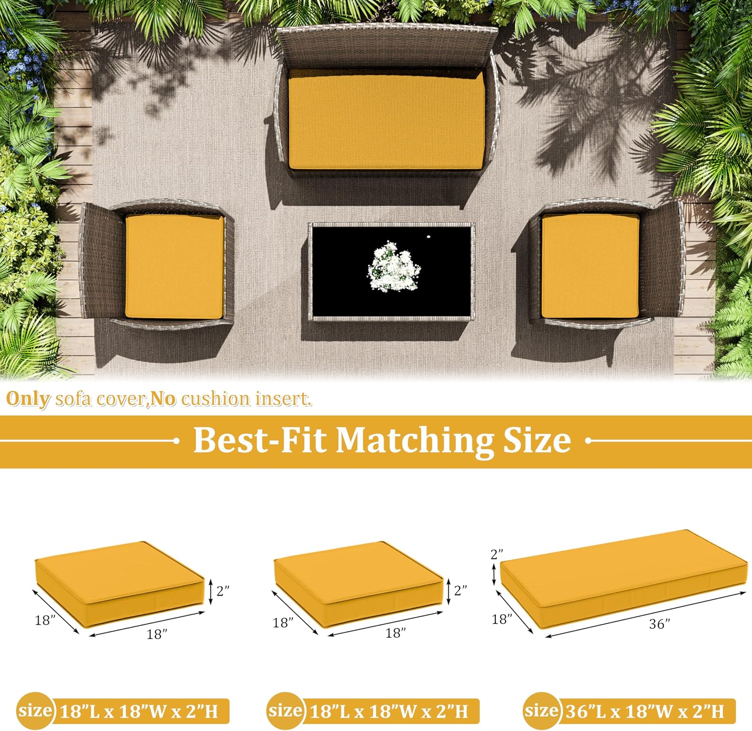 3 Pack Outdoor Patio Furniture Cushion Replacement Covers, Waterproof Loveseat Cushion Covers - 36×18,18×18 for 4-Seater Wicker Rattan Patio Conversation Set Couch Furniture, Cover Only, Dark Yellow