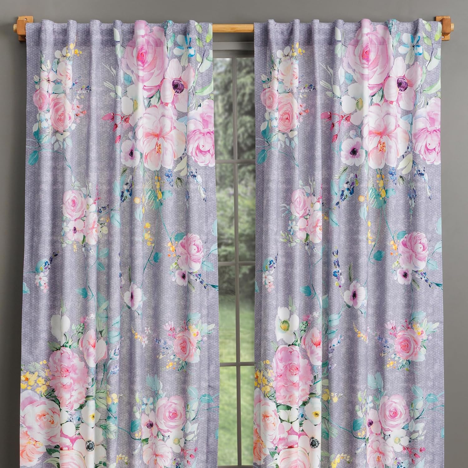 Maison d' Hermine Curtains for Living Room 100% Cotton 96 inch Length Two Panel Light Filtering Curtains for Windows with Rod and Loop Pockets (Sweet Rose Lavender - Lush, 50" W x 96" L)