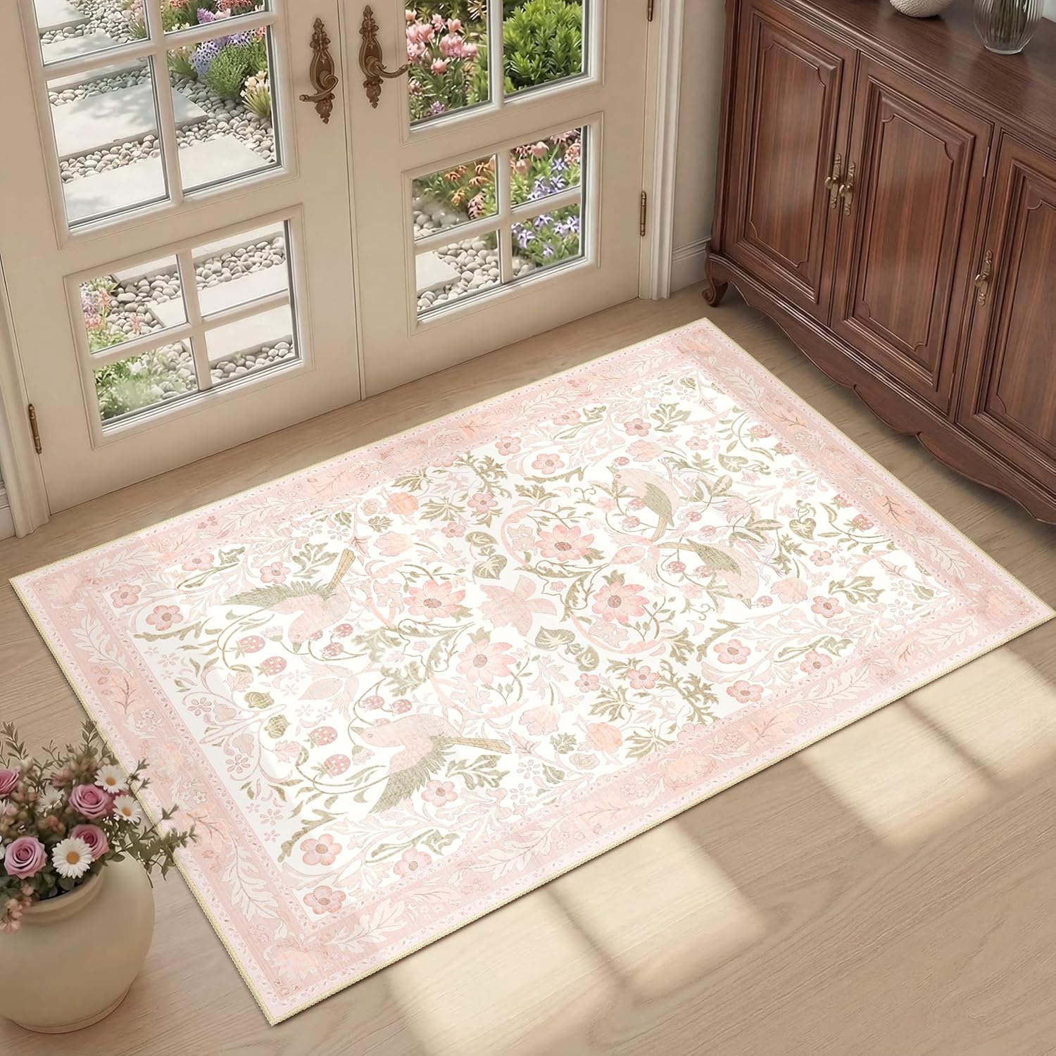 Small Rugs 2'x3',Pink Rug for Entryway Bathroom Kitchen Entrance Doormat,Boho Botanical Farmhouse Bohemian Distressed Washable Accent Indoor Mat Floor Throw Carpet Non Slip,Blush Floral Bird