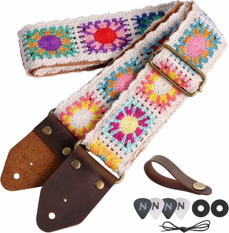 Nefelibata Guitar Strap,Crazy Horse Leather Jacquard Embroidery Cotton Guitar Straps for Bass, Electric & Acoustic, Best Gifts for Guitarists(Sunflower White Embroidery)