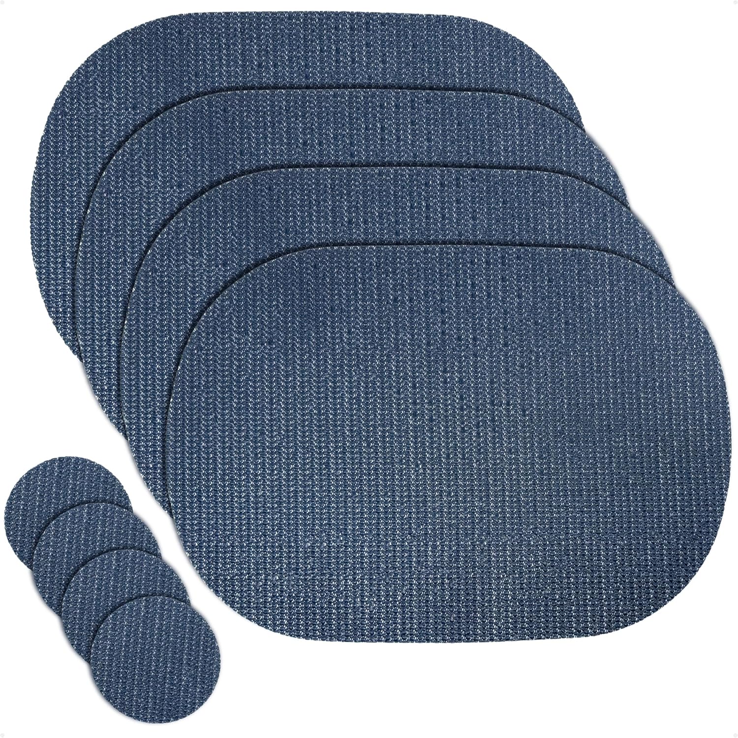 Five Oceans Placemats with Coasters Set of 4 - Blue, Heat & Stain Resistant, Non-Slip, Waterproof, Oil-Proof, Washable & Wipeable - Indoor Outdoor Table Mats for Dining, Kitchen, Patio - FO94
