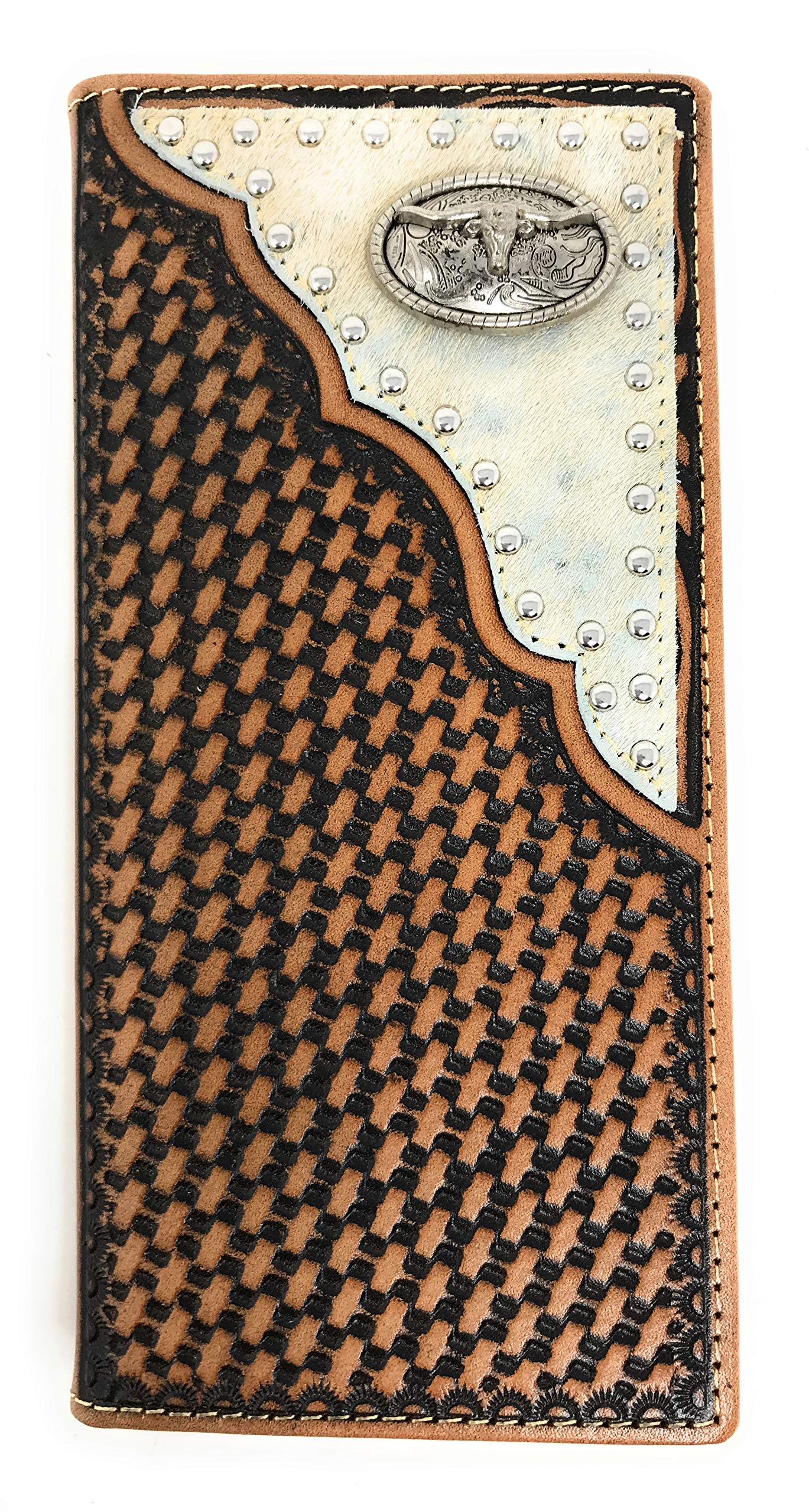 Texas West Western Men's Basketweave Genuine Leather Longhorn Long Cowhide Stud Bifold Wallet (brown)