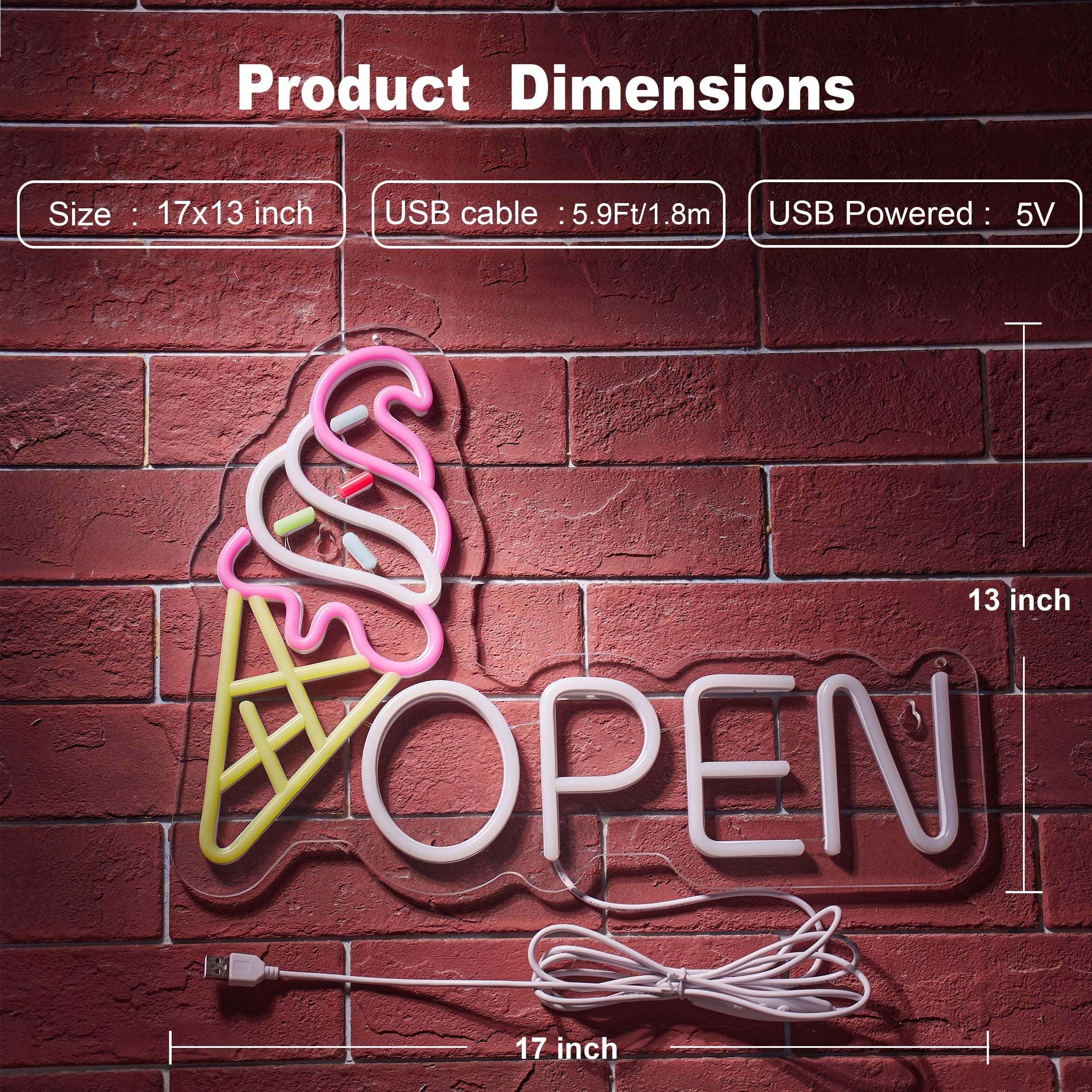 Ice Cream Open Neon Sign for Wall Décor Dimmable Business Store