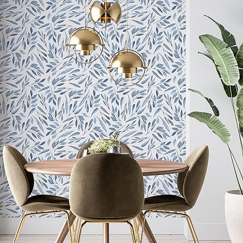 Miniatura 2 de UniGoos Papel tapiz de hojas de acuarela para despegar y pegar, de vinilo azul brillante, extraíble, hojas de ramas abstractas, rollo de papel de