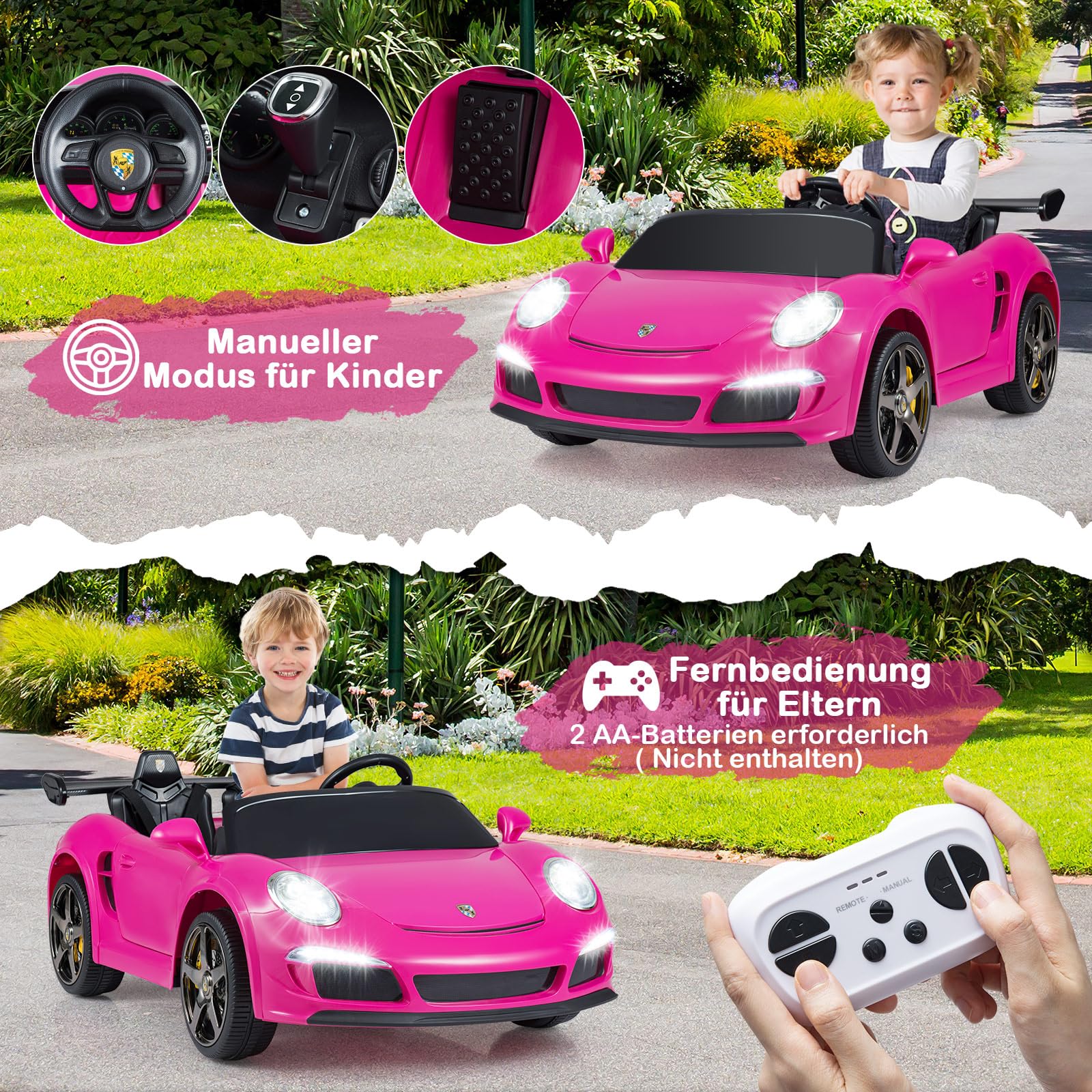 COSTWAY Kinder Elektroauto, 24V Kinderauto Elektrisch mit 2,4G Fernbedienung, Kinderfahrzeug mit LED-Lichter, Hupe, Musik & Bluetooth, Elektrofahrzeug für Kinder ab 3 Jahren (Rosa)
