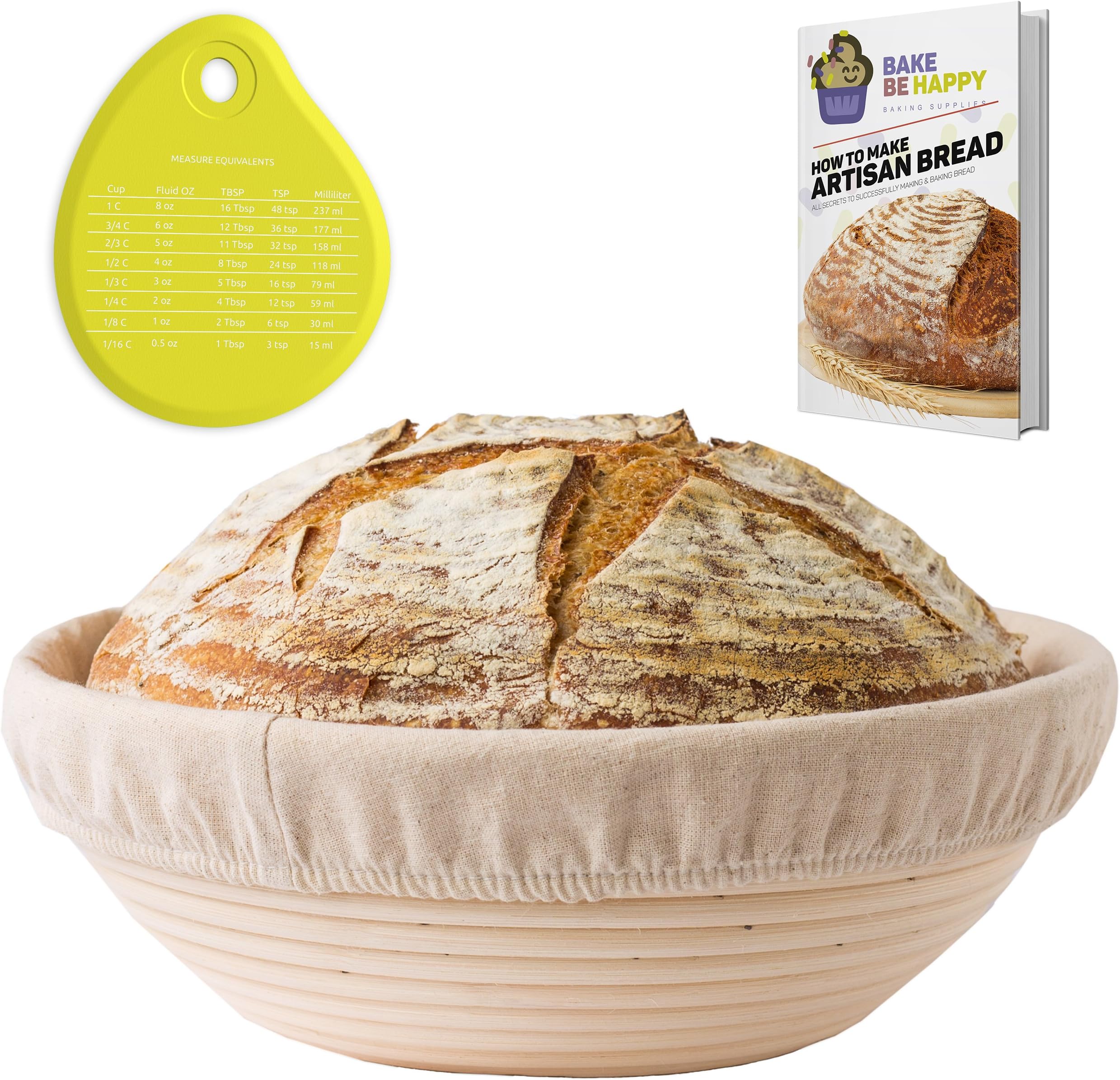 Banneton Proofing Basket Set - Round Brotform 10 Inch Kit for Professional and Home Bakers - Natural Cane Rattan Sourdough Bread Bowl Kit Linen Liner Cloth Silicone Scraper and eBook for Dough Rising