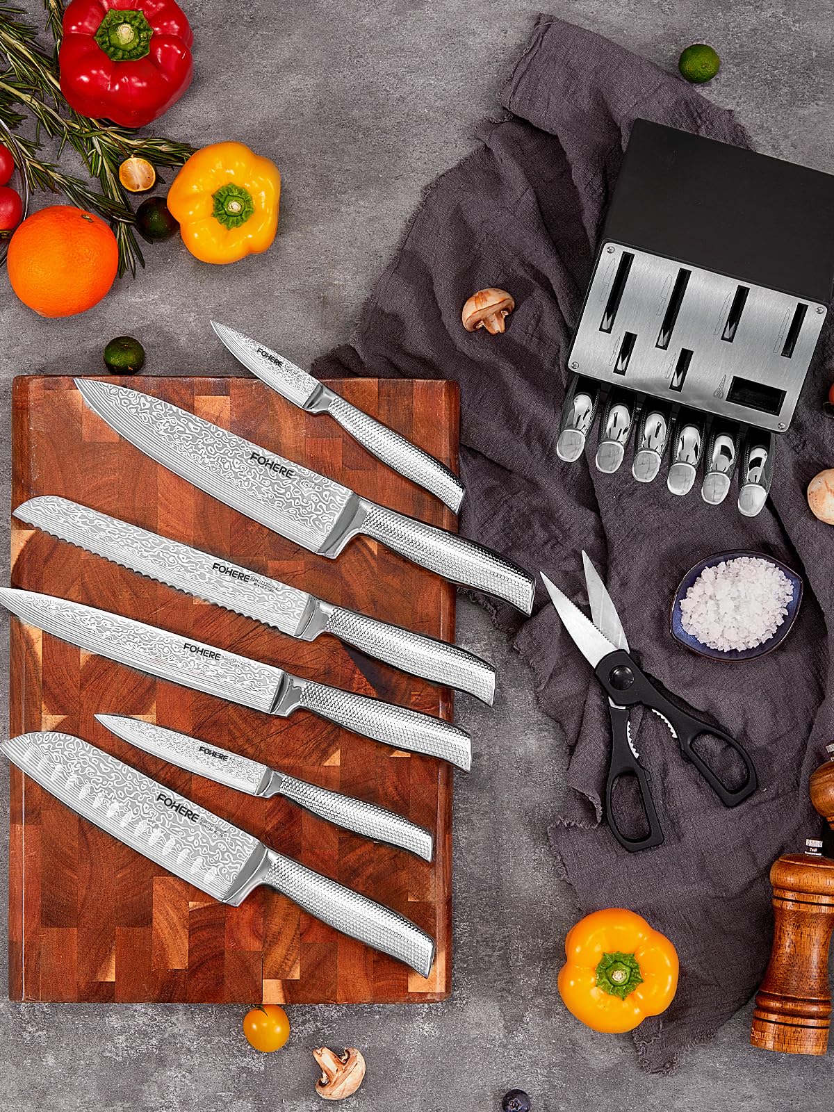 FOHERE Juego de Cuchillos de Cocina, 14 piezas Juego de Cuchillos con Tecnología Avanzada de Autoafilado, Bloque de Cuchillos con Mango Ergonómico y Acero Inoxidable