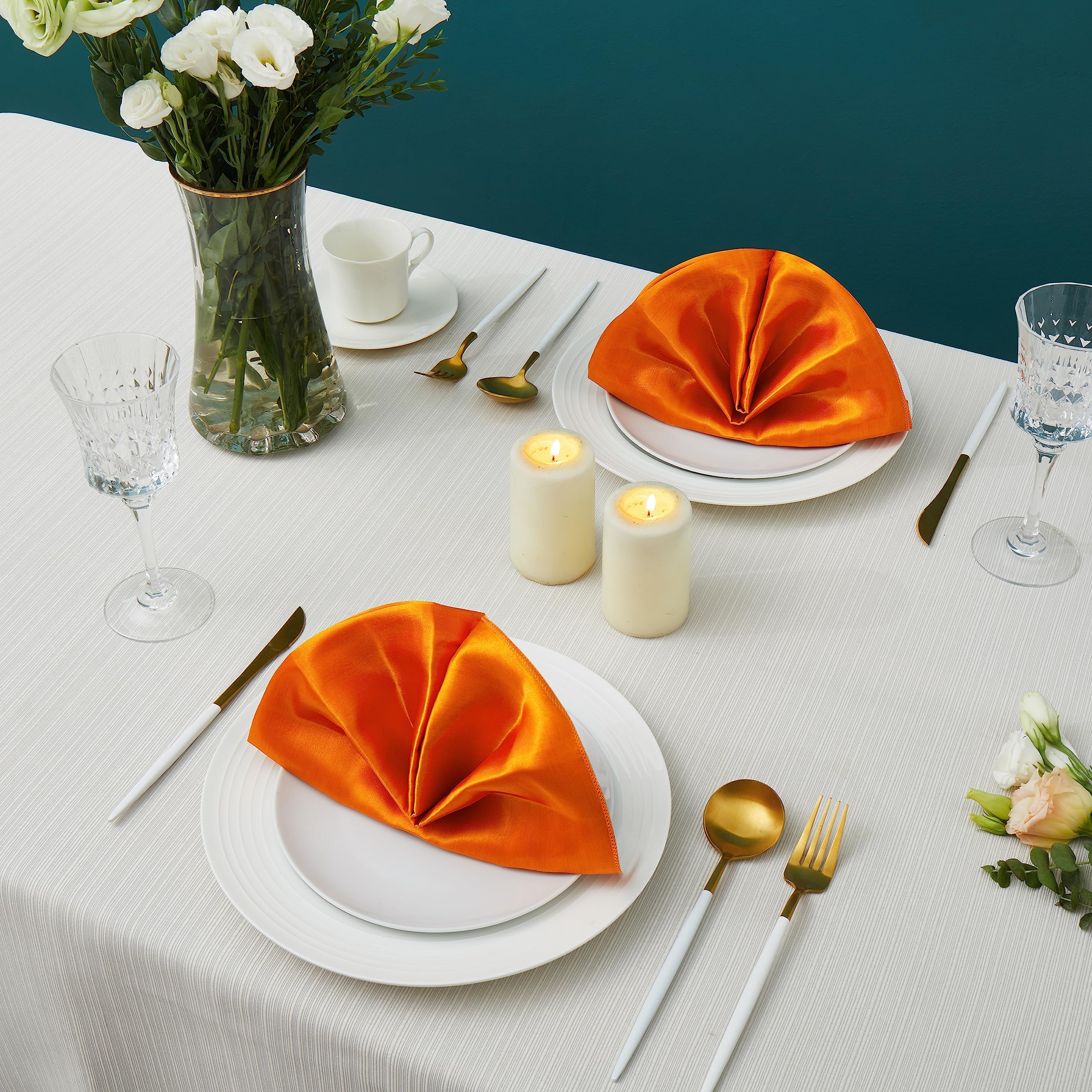 Counfeisly 12 Pack Square Satin Dinner Napkins, 20x20 Inches Silky Soft Smooth Table Cloth Napkins for Restaurant Weddings Banquet Party Decoration, Orange