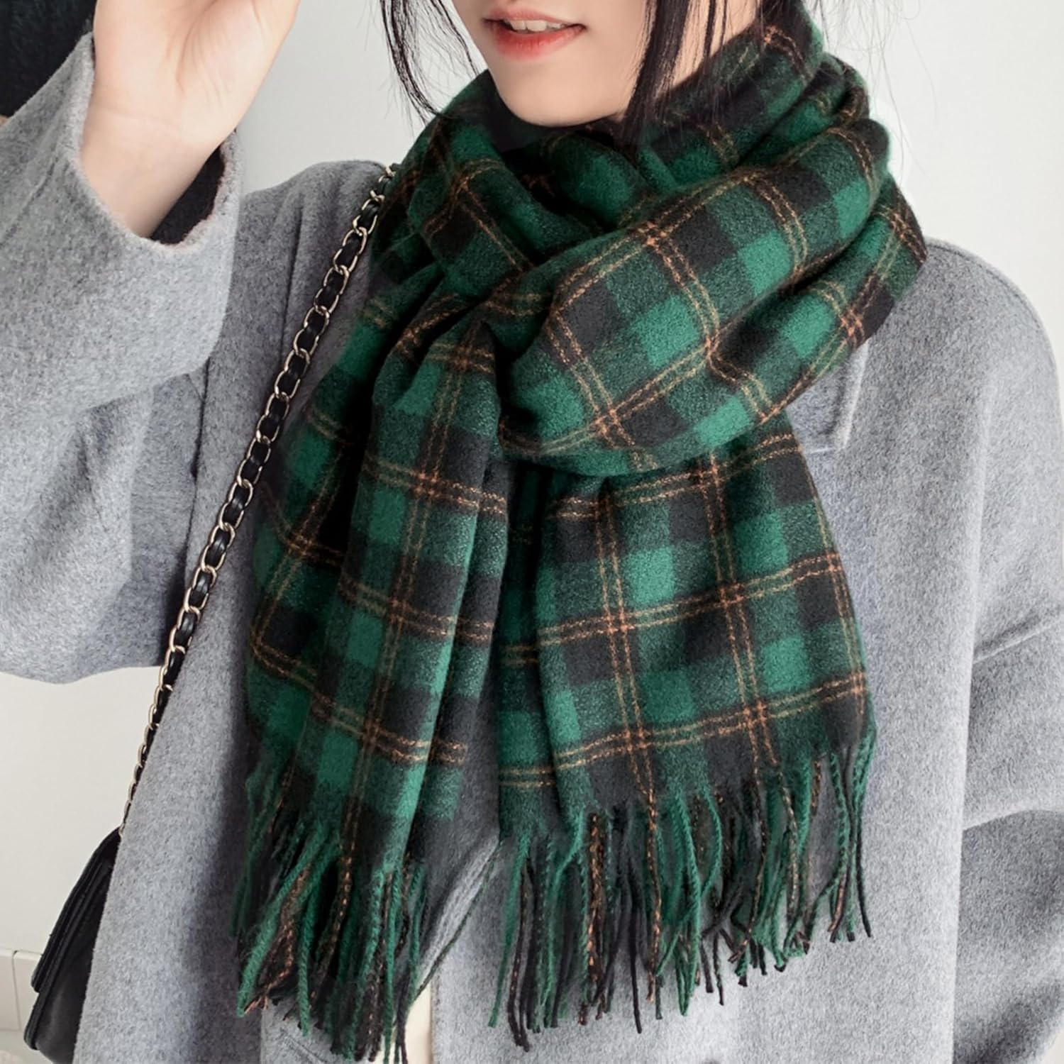 Cold Weather Scarf with Scottish Tartan Plaid Faux Soft Cashmere Winter Shawl Wrap with Fringes for Women Men - Image 2