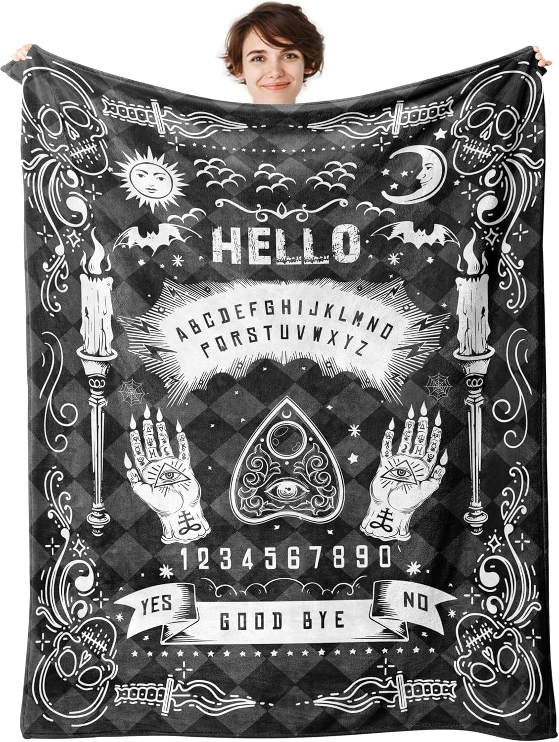 Ouija Board Blanket Gothic Witch Gift for Women Men Sun Moon Skull Horror Spooky Gifts for Halloween Decor Throw Blankets (Black, 50"x40")