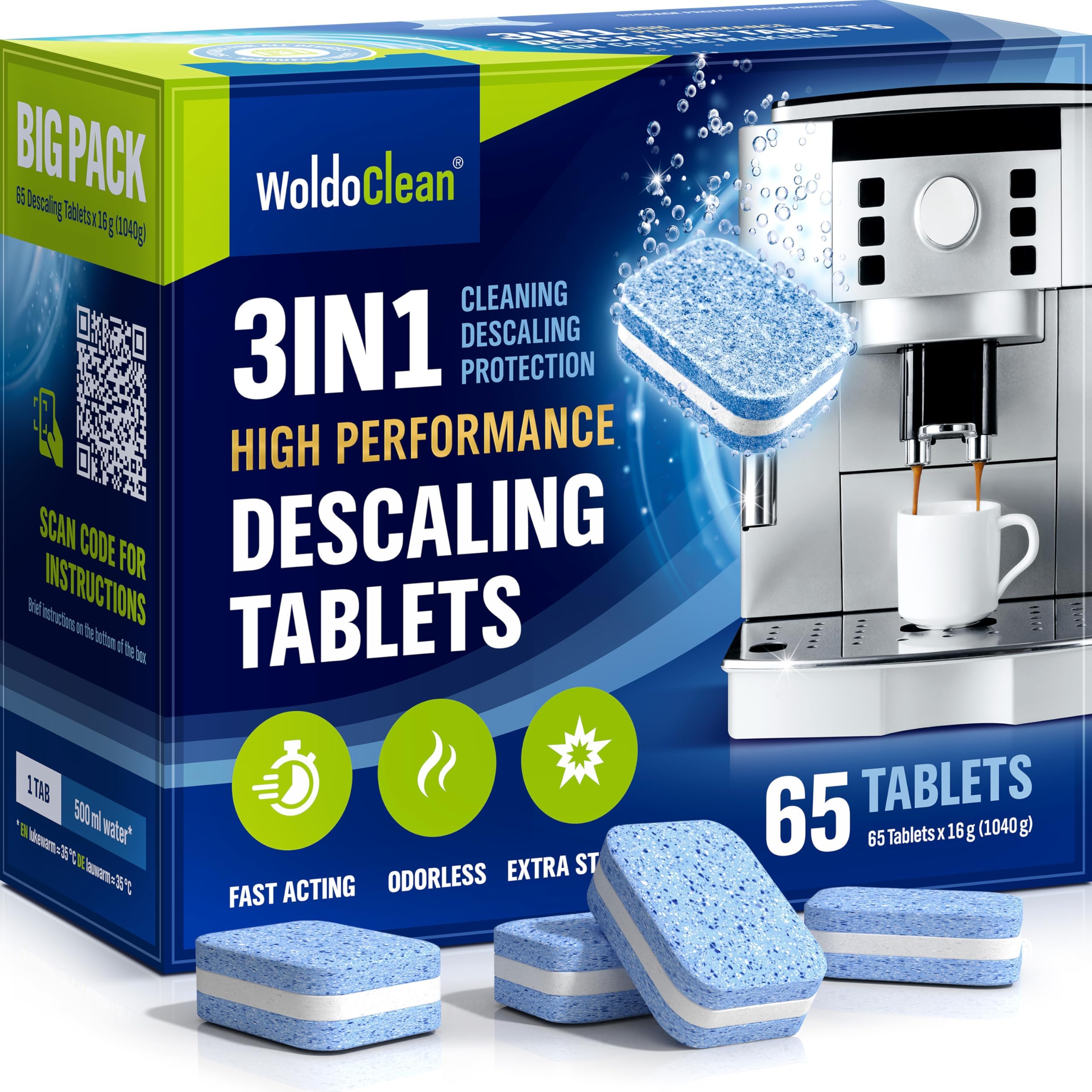 WoldoClean Kettle Descaler and Coffee Machine Descaler Tablets 65 Pack - 3in1 Descaling Tablets Limescale Remover Fast Acting and Odorless for All Espresso Machines