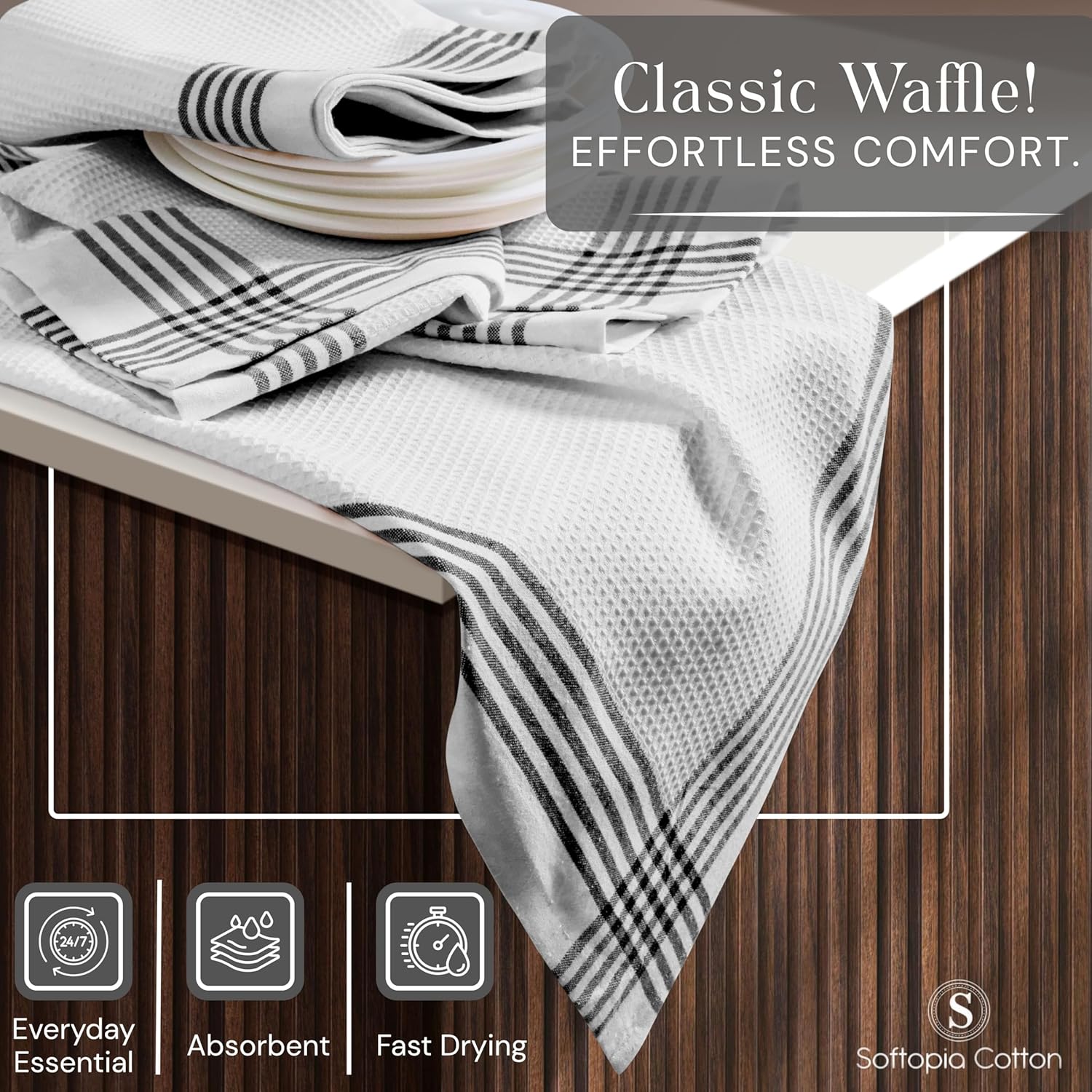 Waffle White & Black 12 Pack Kitchen Dish Towels, 100% Cotton, 16x26 inches, Wash Rags for Drying Dishes, Highly Absorbent, Long Lasting Hand Towels Set for Daily Cooking & Cleaning