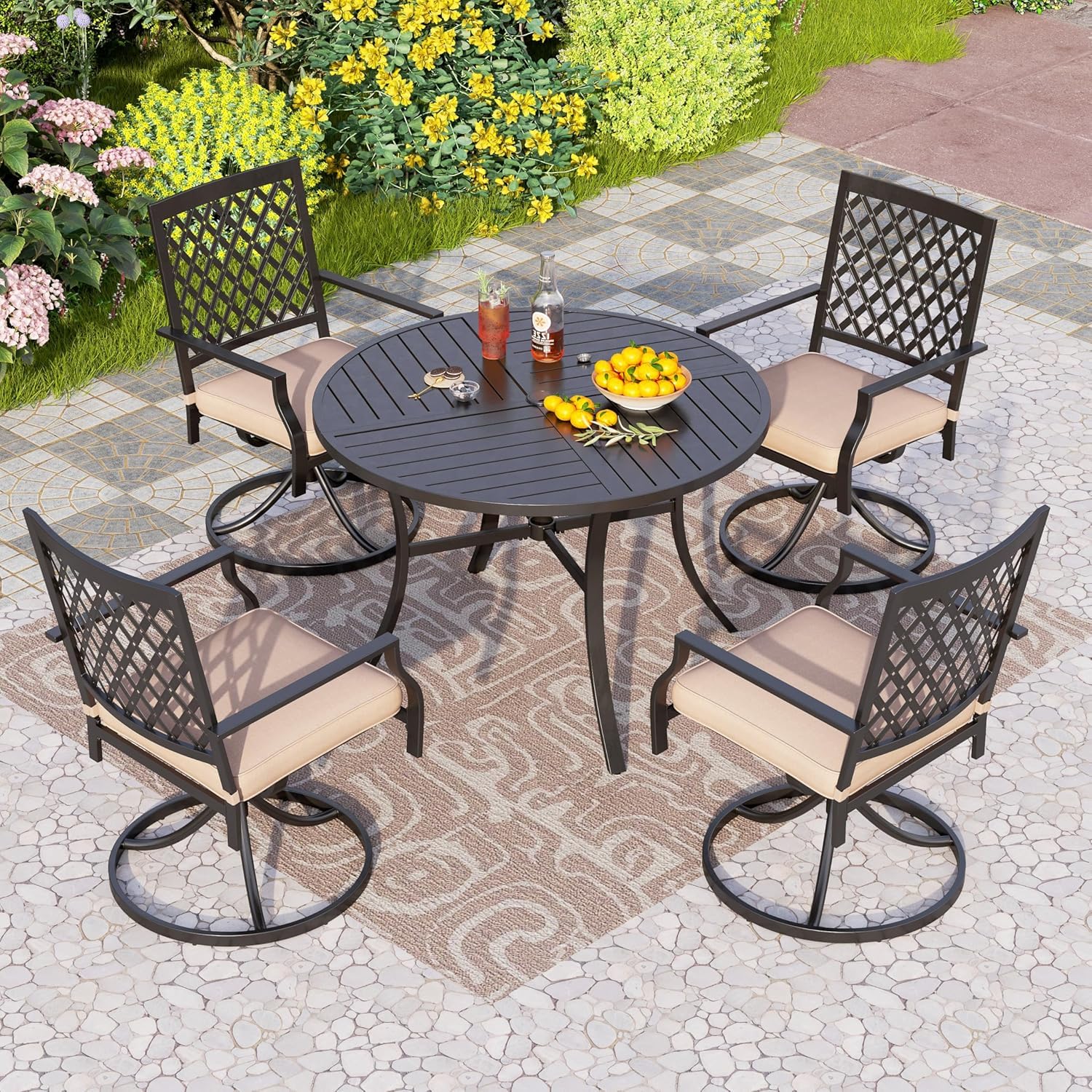 PHI VILLA Table a Manger de Jardin Exterieur, Table d'appoint Cuisine à Manger avec Trou de Parasol pour Terrasse 4 Personnes Ronde Fer Forge