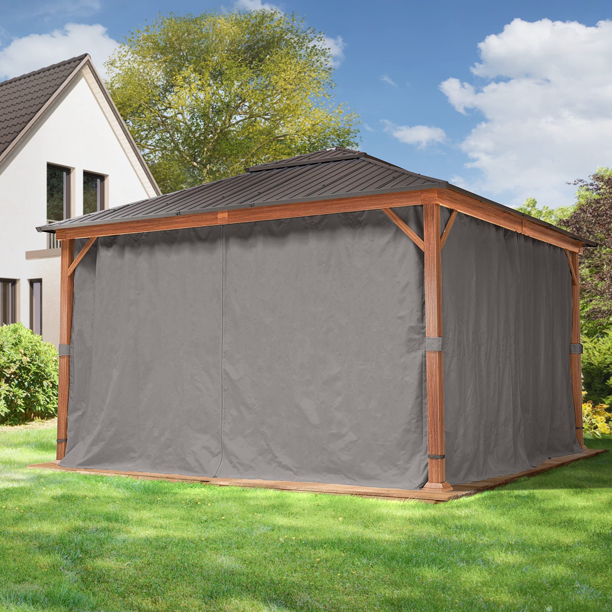 TOOLPORT Gartenpavillon 4x4 m Holzoptik, Stahldach Hardtop 4 Seitenteile in grau