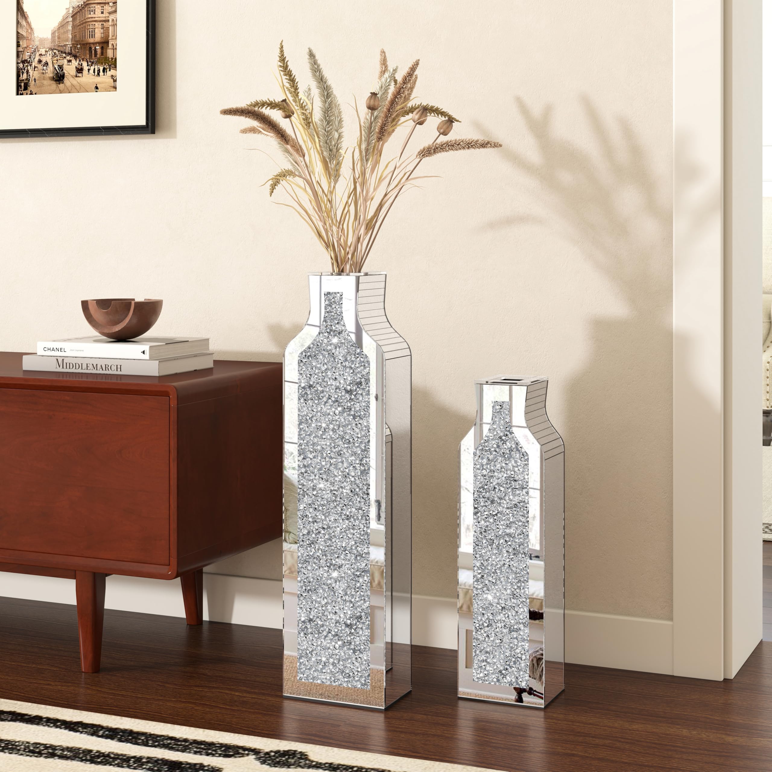 SHYFOY Jarrón decorativo de espejo con diamante triturado de 46 cm y 61,5 cm para el salón – Moderna y elegante jarra de plata decorativa de cristal para flores secas – Decoración elegante y