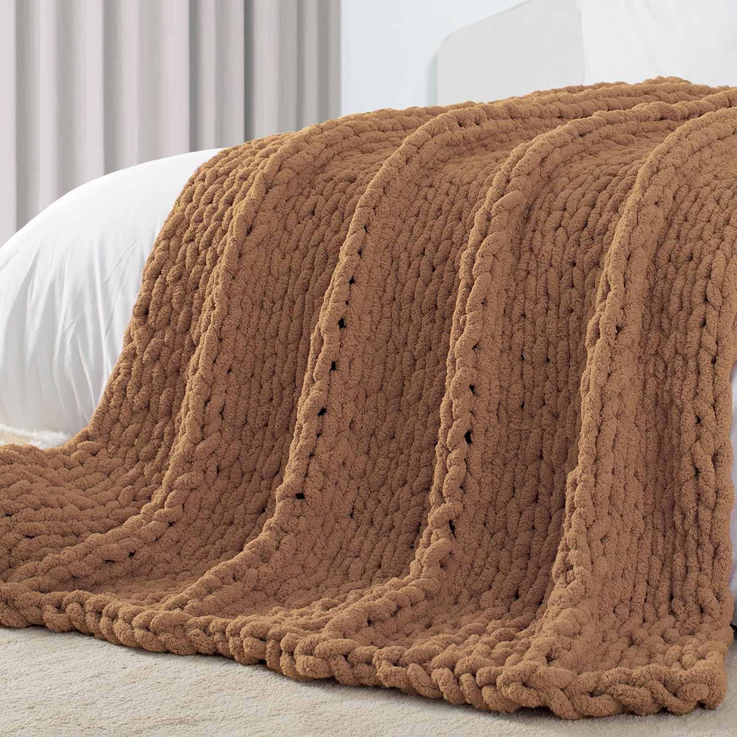 carriediosa chunky knit throw blanket 60" x 80" twin, 100% hand made large chenille loop yarn soft fluffy throws for couch sofa bed, big crochet cozy heavy thick cable woven blanket, light brown light brown 60" x 80"