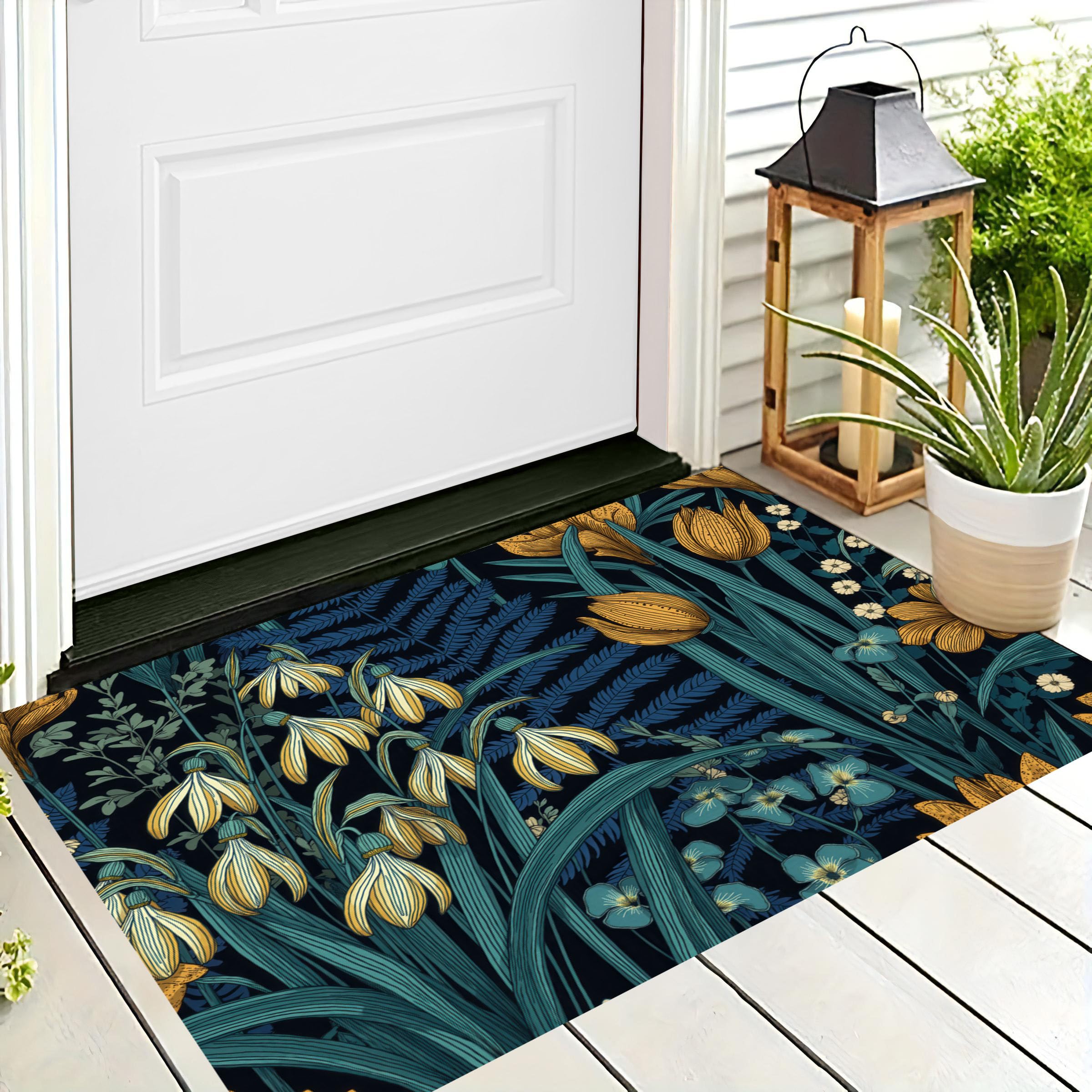 Tapis plantes rétro bleu marine pour sublimer l'entrée de maison