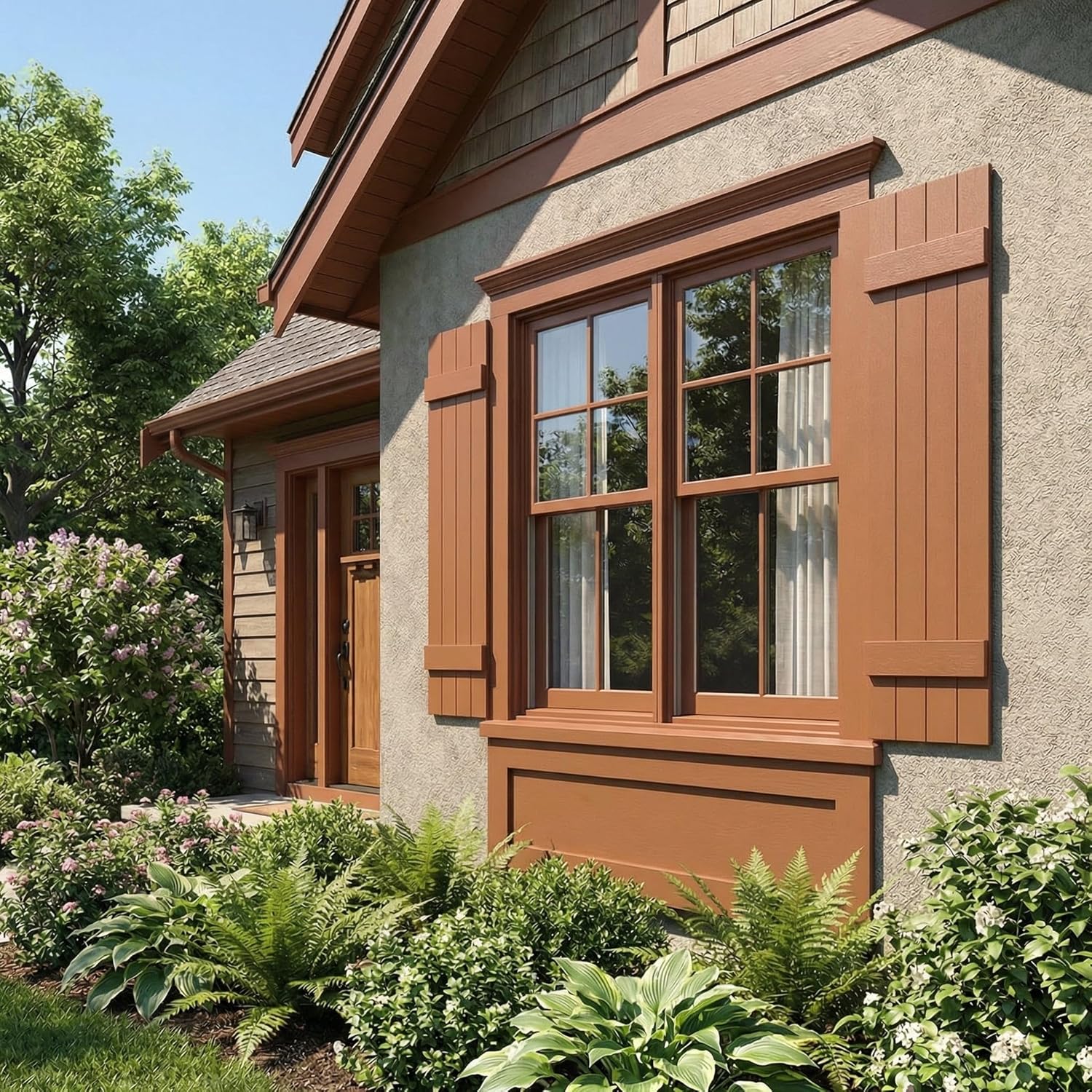 14"W x 39"H EverColor Joined Board-n-Batten Exterior Viny Shutters, w/Installation Shutter-Lok's & Matching Screws (Per Pair), Treated Cedar